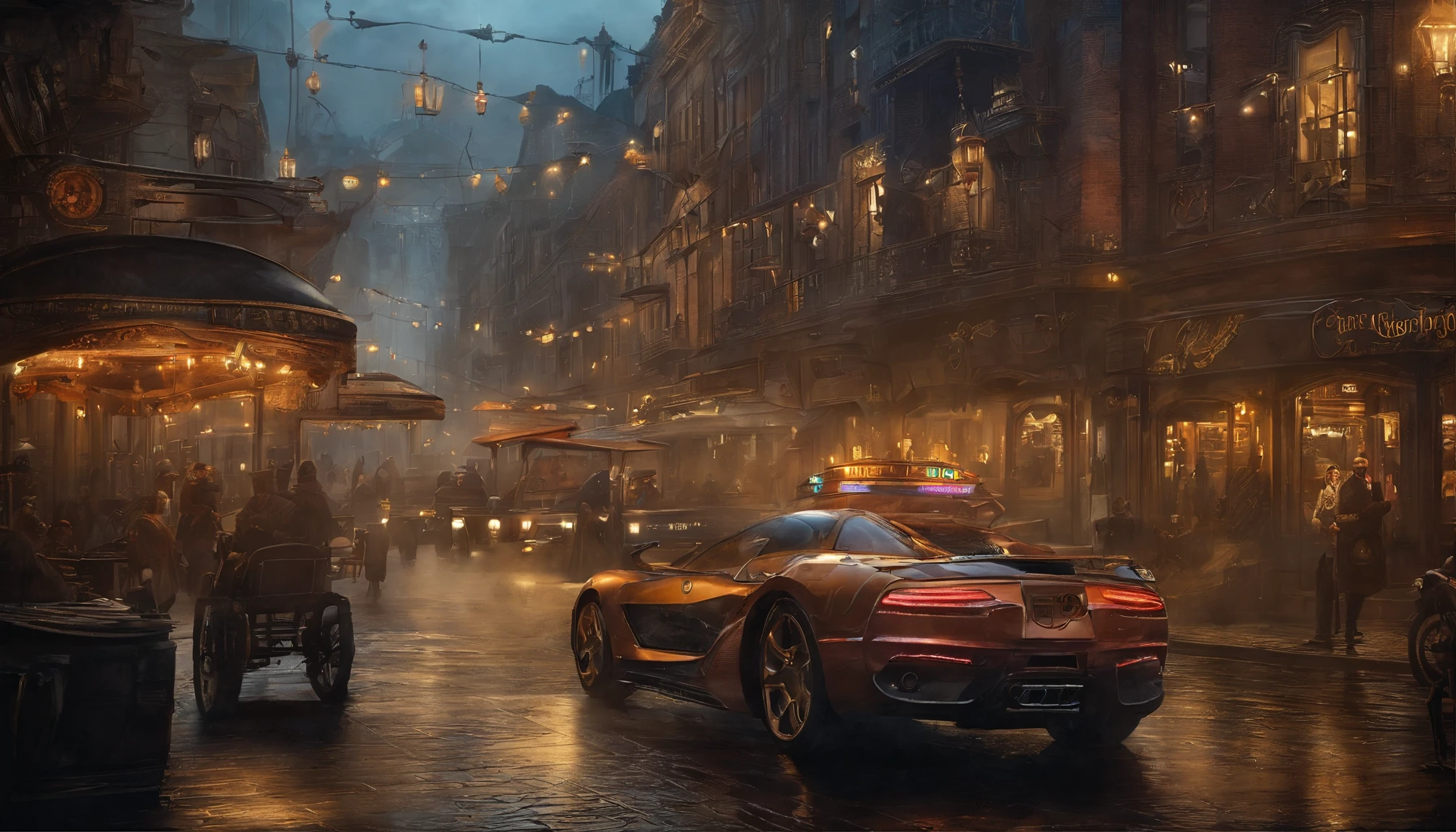 (​masterpiece、4K、ultra-realistic:1.2)、illustration、(realistic:1)、(Photorealistic:1)、（(Magnificent UFO in the sky：1.5)), ((futuristic bronze colored steampunk hypercar in street)), panorama、a、((fish-eye lens:1.2))、 (Steampunk Cyberpunk Cityscape)、(midnight、cyberpunk, asphalt、graffiti art、Reflectors、Shops、kiosk、Walkway、a street、police officers、taxis)、(Skyscraper、Foggy:1.4)、 ((pedestrians、Large crowds on street))、 (neon signs、Blue Neon、Pink neon、Yellow neon:1.4), rain puddles on street reflecting lights, John William Waterhouse style.