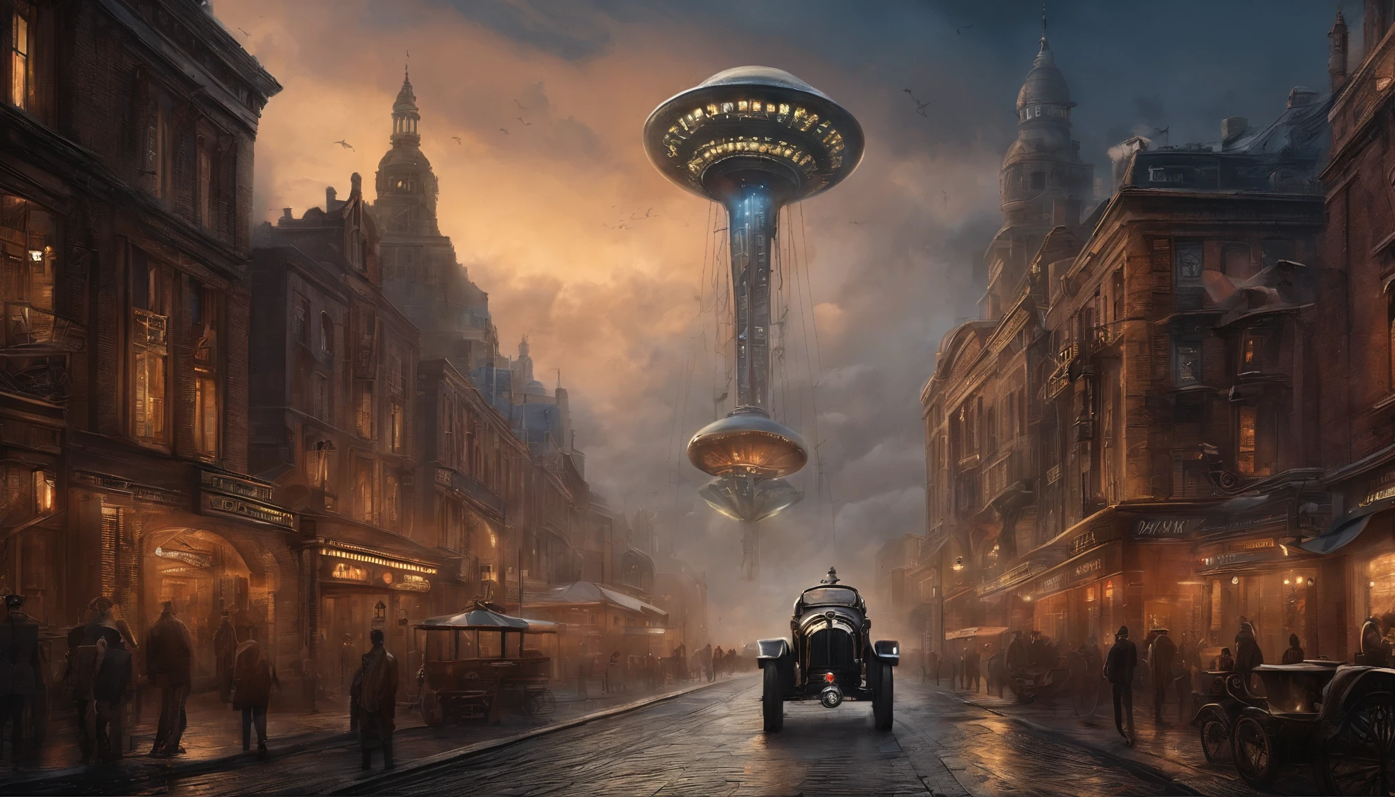 (masterpiece、4K、ultra-realistic:1.2)、illustration、(realistic:1)、(Photorealistic:1)、((Magnificent UFO in the sky:1.5)), ((futuristic bronze colored steampunk hypercar in street)), panorama、a、((fish-eye lens:1.2))、 (Steampunk Cyberpunk Cityscape)、(midnight、cyberpunk, asphalt、graffiti art、Reflectors、Shops、kiosk、Walkway、a street、police officers、taxis)、(Skyscraper、Foggy:1.4)、 ((pedestrians、Large crowds on street))、 (neon signs、Blue Neon、Pink neon、Yellow neon:1.4), rain puddles on street reflecting lights, John William Waterhouse style.