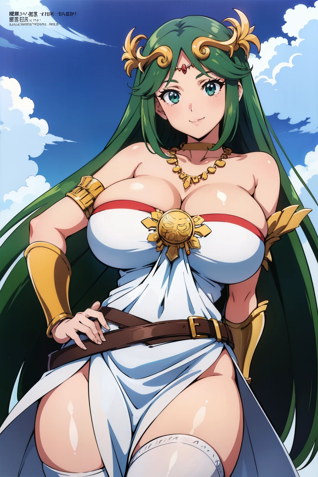 1990s anime cels style, 1990s manga style, best quality, high resolution, 1girl, (huge breasts:1.2), Beautiful face, smile, hmpa1, palutena, parted bangs, tiara, large breasts, necklace, bare shoulders, strapless dress, vambraces, belt, white dress, white thighhighs, single thighhigh, cowboy shot