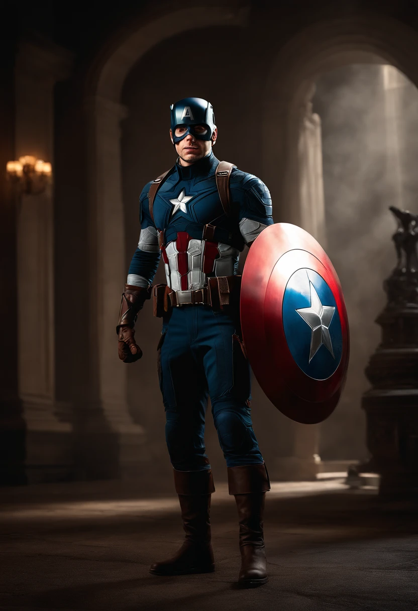 Full body photo of Captain America in full suit and captain america shield , looking at the center camera, perfect composition, majo, detalhado, intrincado, Intricate octane render trend in Artstation, 8 k artistic photography, arte conceitual fotorrealista, soft natural volumetric cinematic perfect light, Chiaroscuro, fotografia premiada, master part, oil on the canvas, Raphael, Caravaggio, Greg Rutkowski, Bipe, Beksinski, Giger, trending on ArtStation, foco nítido, Studio photo, detalhes intrincados, altamente detalhado, fundo noturno da cidade, Directed by: Greg Rutkowski