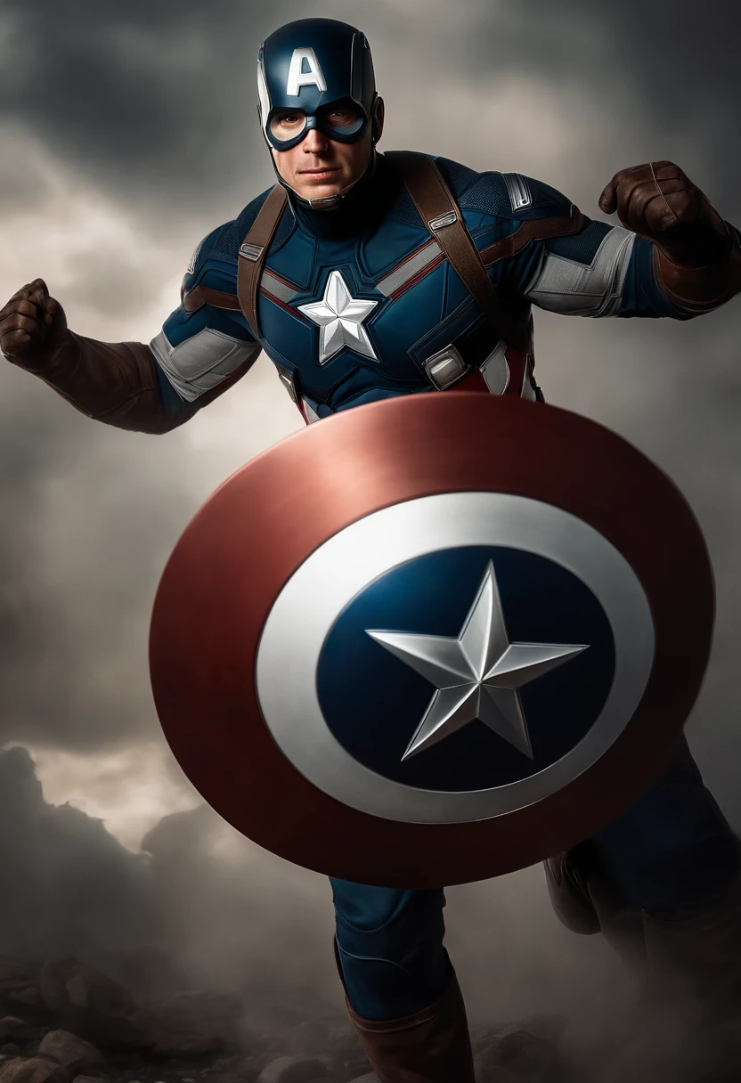 Full body photo of Captain America in full suit and captain america shield , looking at the center camera, perfect composition, majo, detalhado, intrincado, Intricate octane render trend in Artstation, 8 k artistic photography, arte conceitual fotorrealista, soft natural volumetric cinematic perfect light, Chiaroscuro, fotografia premiada, master part, oil on the canvas, Raphael, Caravaggio, Greg Rutkowski, Bipe, Beksinski, Giger, trending on ArtStation, foco nítido, Studio photo, detalhes intrincados, altamente detalhado, fundo noturno da cidade, Directed by: Greg Rutkowski