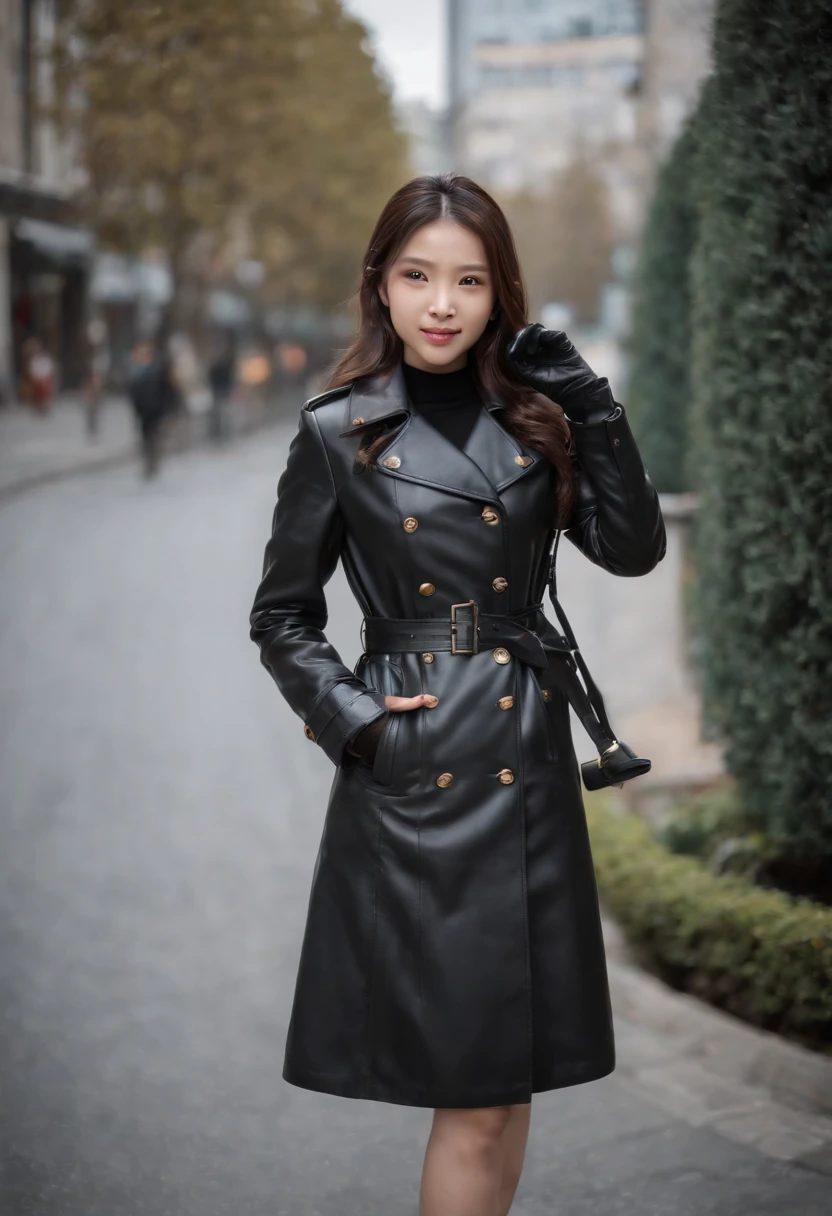 Over the blazer uniform、Black Leather Trench Coat Black leather gloves The upper part of the body Japan smiling girl black leather
