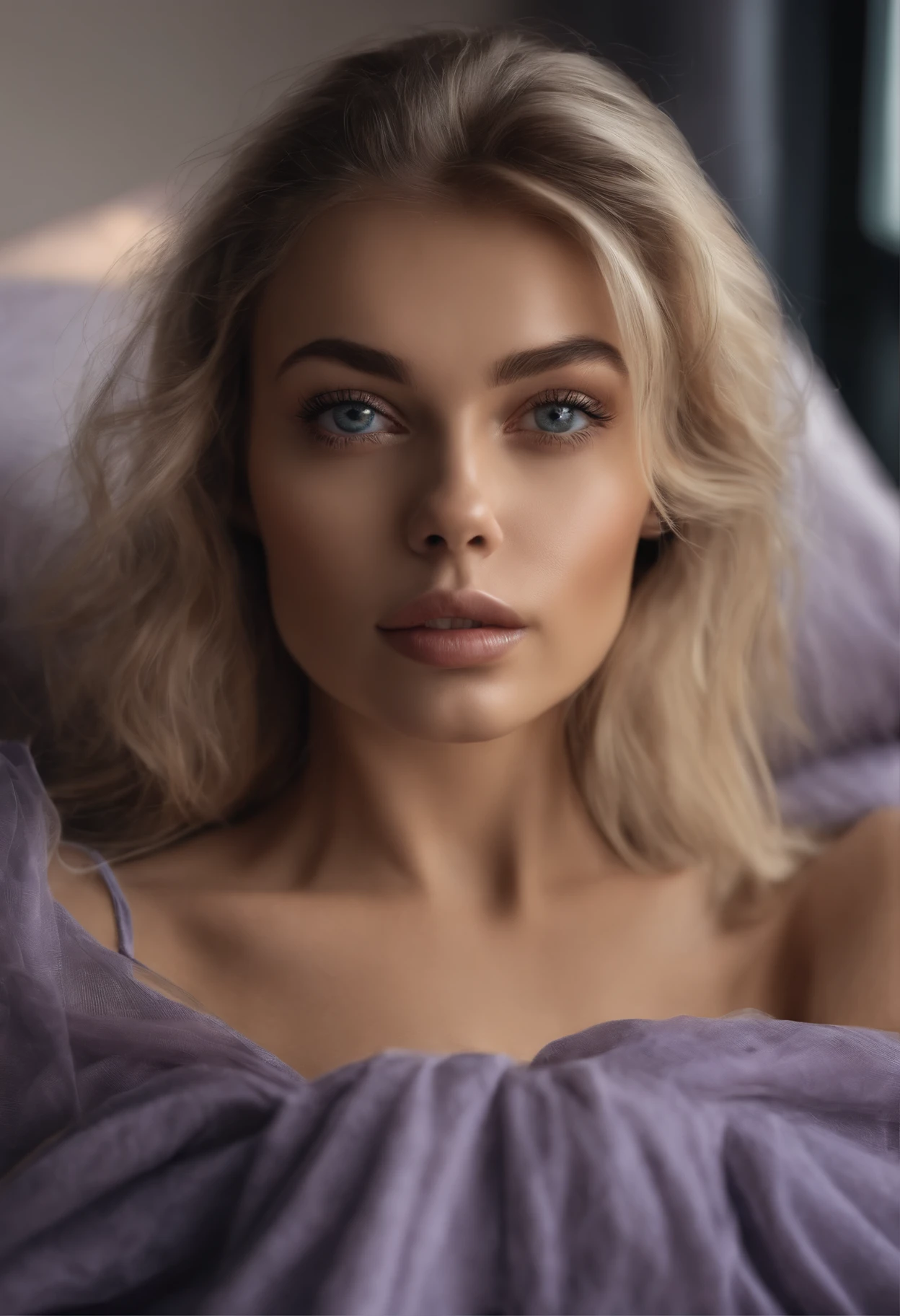 Arafed woman completely , fille sexy aux yeux bleus, ultra realist, Meticulously detailed, Portrait Sophie Mudd, cheveux blonds et grands yeux, selfie of a young woman, Yeux de chambre, Violet Myers, sans maquillage, maquillage naturel, looking straight at camera, Visage avec Artgram, Maquillage subtil, Great photo of the whole body kneeling on the bed, dans la chambre, Buste de grande taille