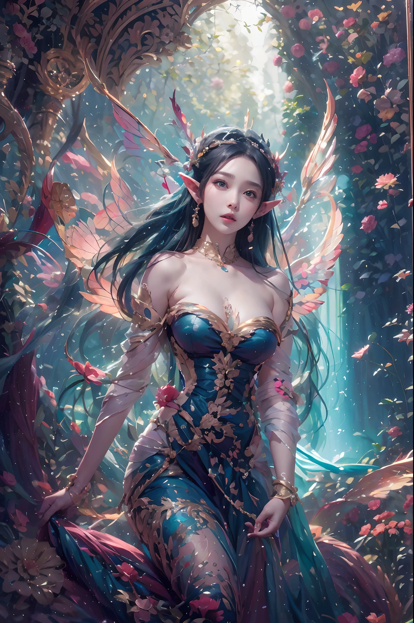 ( Absurd, High quality, Ultra-detailed, Masterpiece, concept-art, smooth, high detail artwork, Hyper-realistic painting ) , elf, Plum elf, plum , Transparent fairy wings, huge tit，low chest，fairytale-like, Romantic, Vivid, Whole body,hand behind back，Malu，In nature with waterfalls，pureerosface_v1，ulzzang-6500-v1.1，