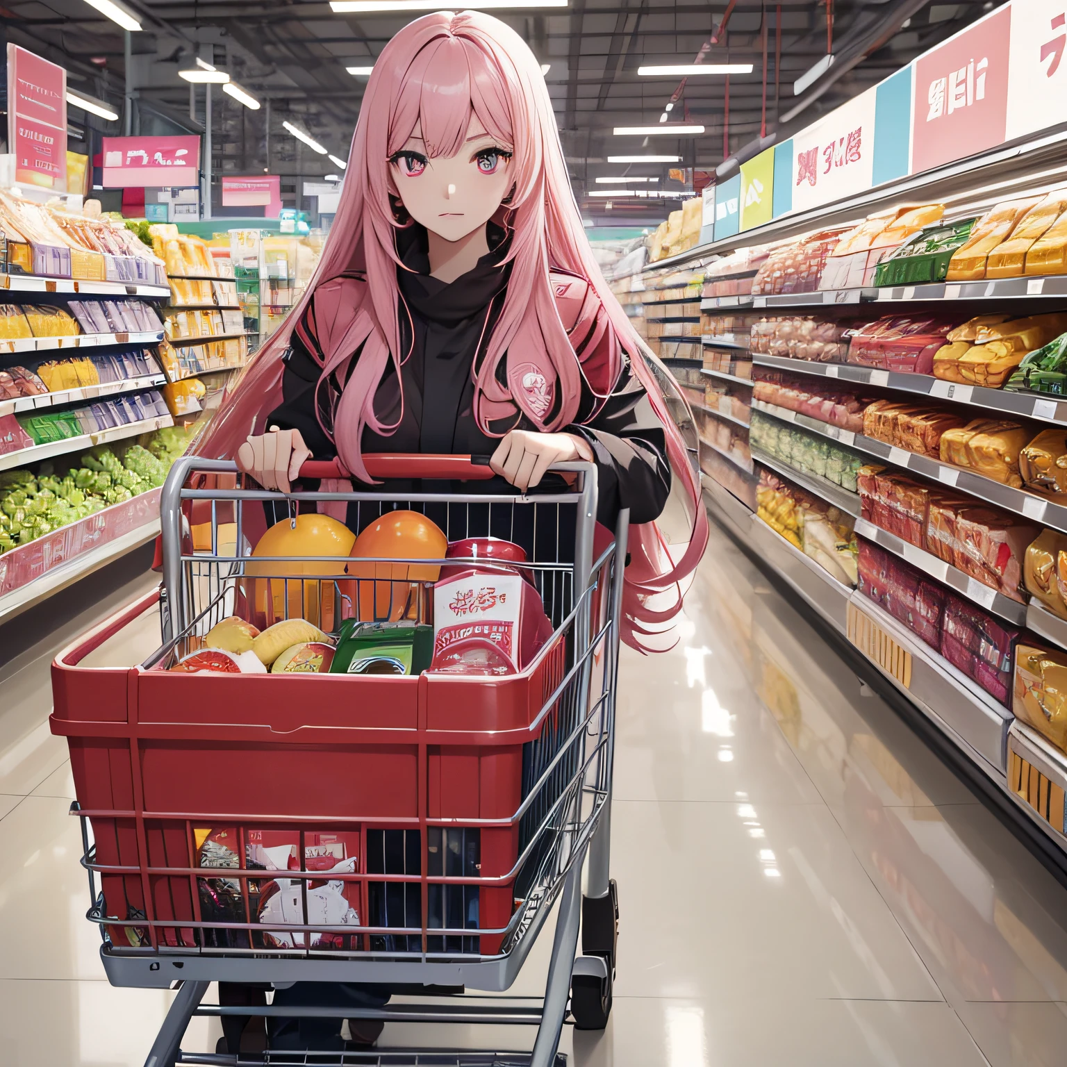 A long pink hair,red color eyes,A woman of about 20 years old,conservativelydressed,Push the trolley,Seems a bit rushed,at supermarket