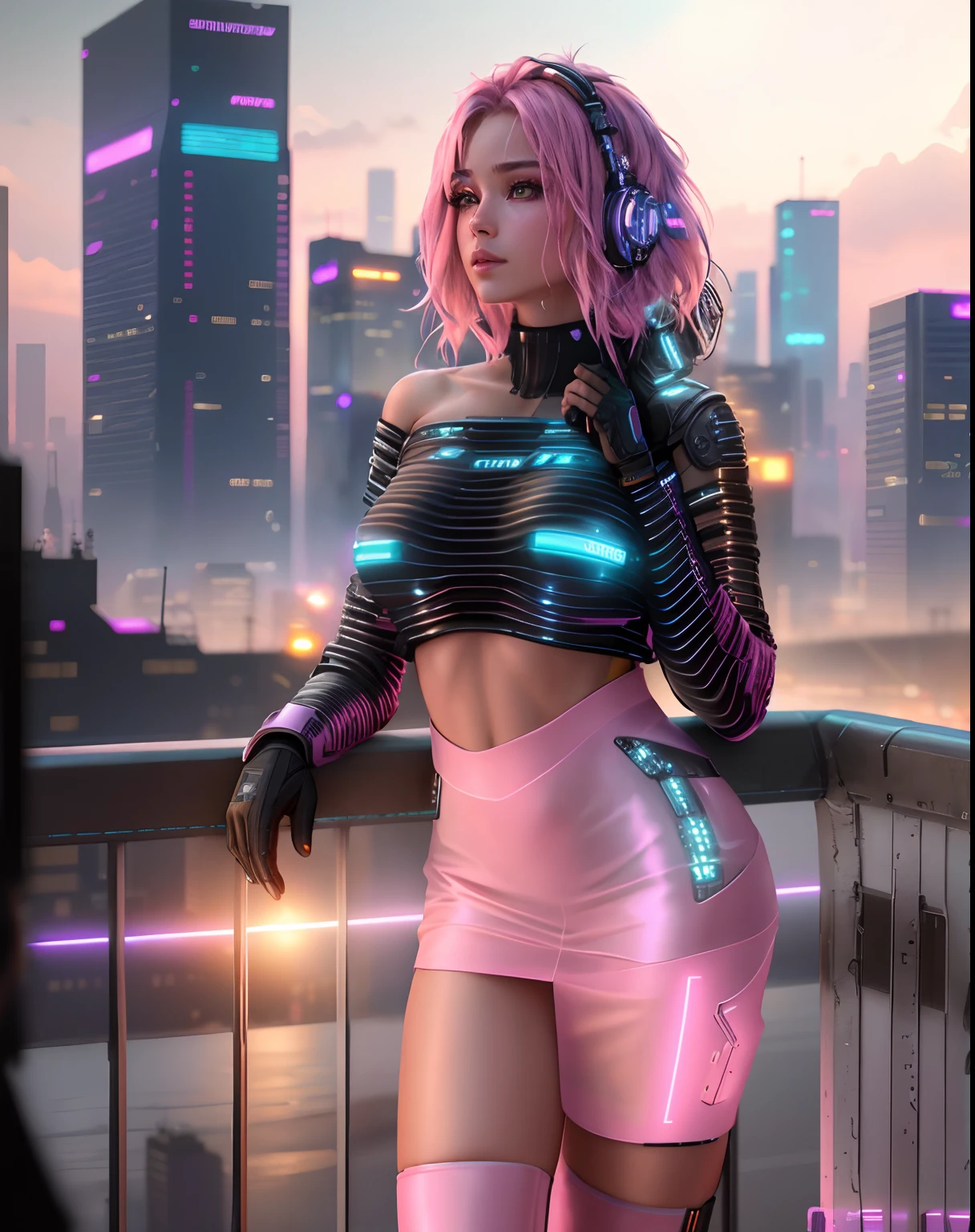 cyberpunk, night city, dystopian future, sci-fi, (8k), (best quality), (masterpiece:1.2), (realistic), (photorealistic:1.0), ultra-detailed, 1girls, naked, , cute, topless, very thin, beautiful detailed eyes, beautiful detailed nose, full body, realistic skin texture, attractive face, short hair, pink hair