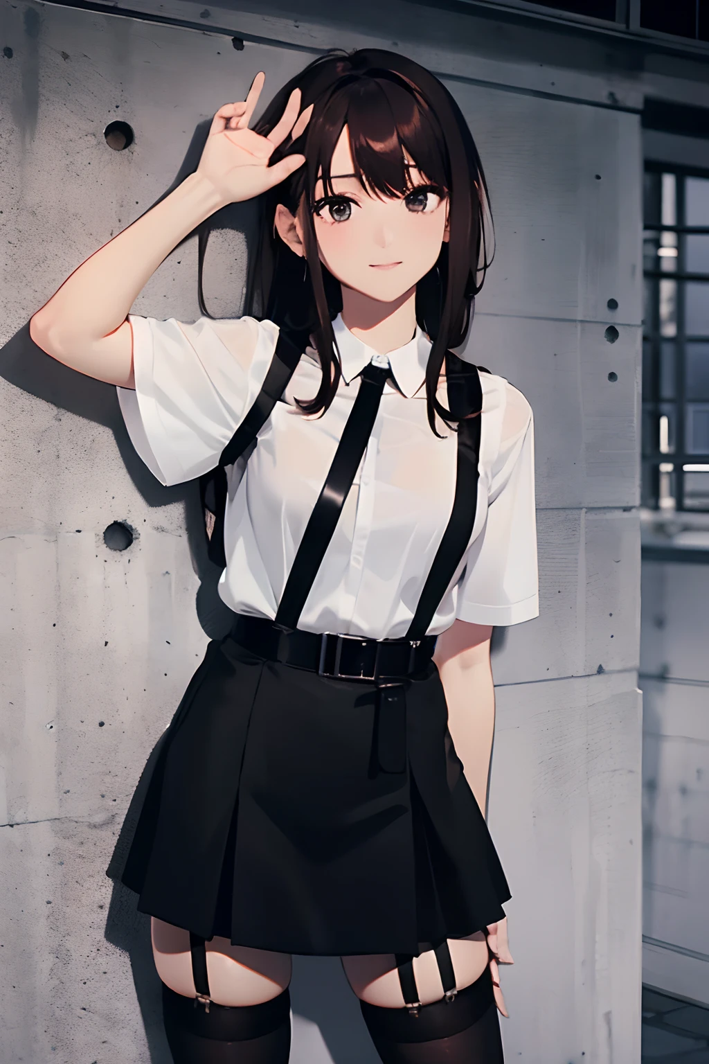 Black skirt, suspenders, Brown hair Gray eyes, Garter belt on the legs, Tight black clothes, a belt Armpit sweat Dark look Moderately breasts holster chain poneyTail Water wetting