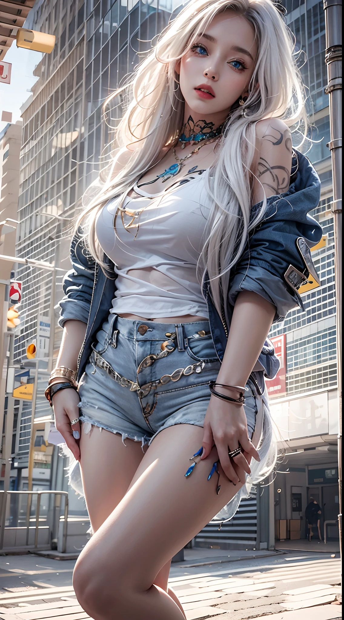 photorealistic, high resolution, soft lights, 1women, 25 years old, solo, hips up, blue eyes, white hair, long hair, jewelry, tattoo, street wear