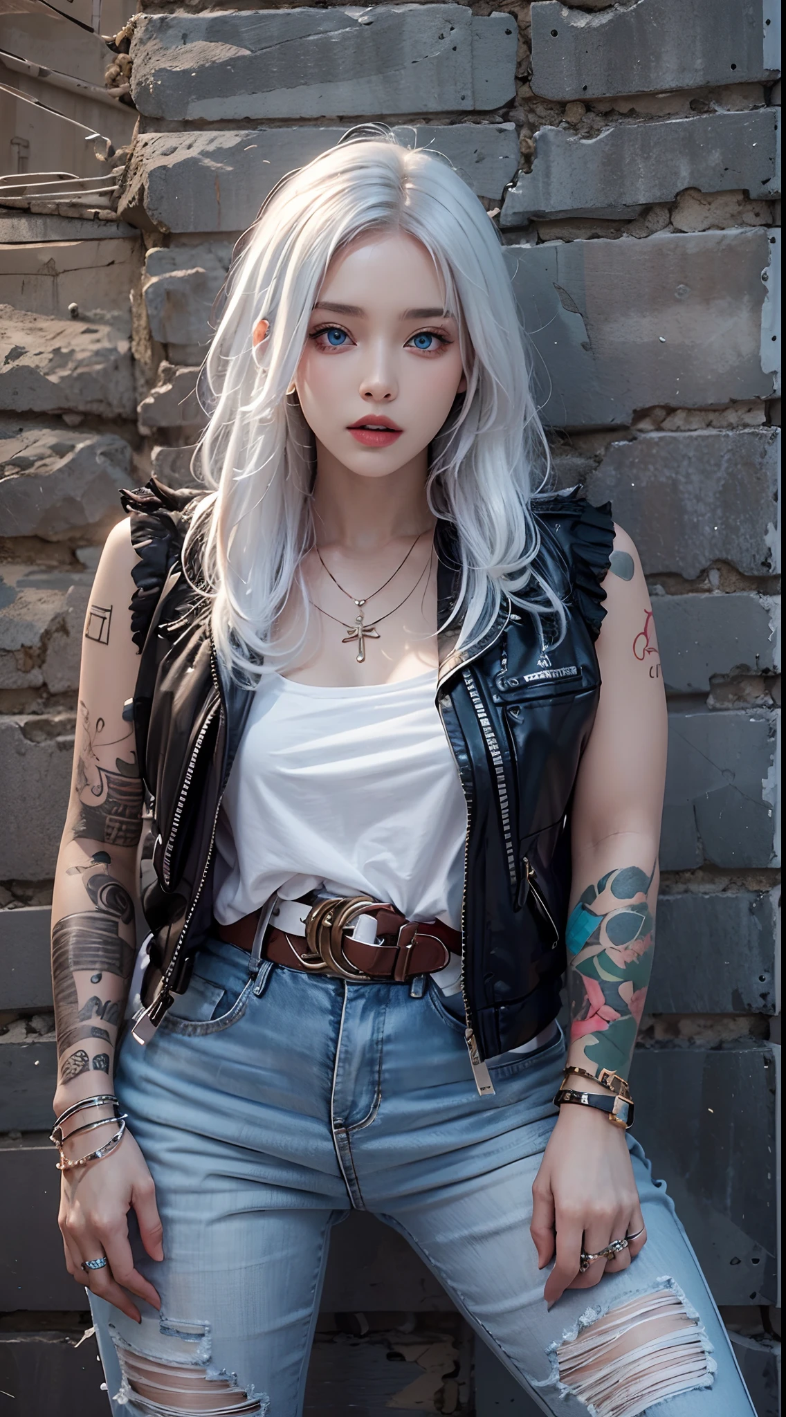 photorealistic, high resolution, soft lights, 1women, 25 years old, solo, hips up, blue eyes, white hair, long hair, jewelry, tattoo, street wear