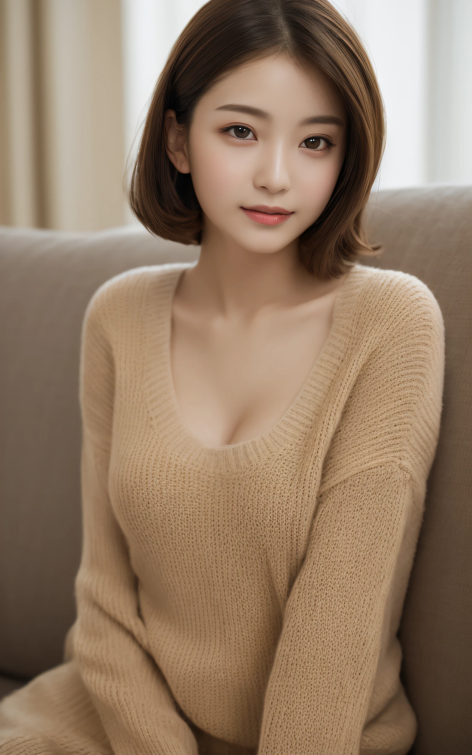 table top, highest quality, shape, Super detailed, finely, High resolution, 8k wallpaper, 完璧なダイナミックな構shape、Mature woman 27 years old cute girl、sweet girl、fiery idol pose、detailed face、Super detailedかわいい目、realistic lips、realistic and beautiful skin、shy smile、wavy brown short cut hair、small breasts、bold sexy pose、Sweater with one shoulder exposed、open cafe