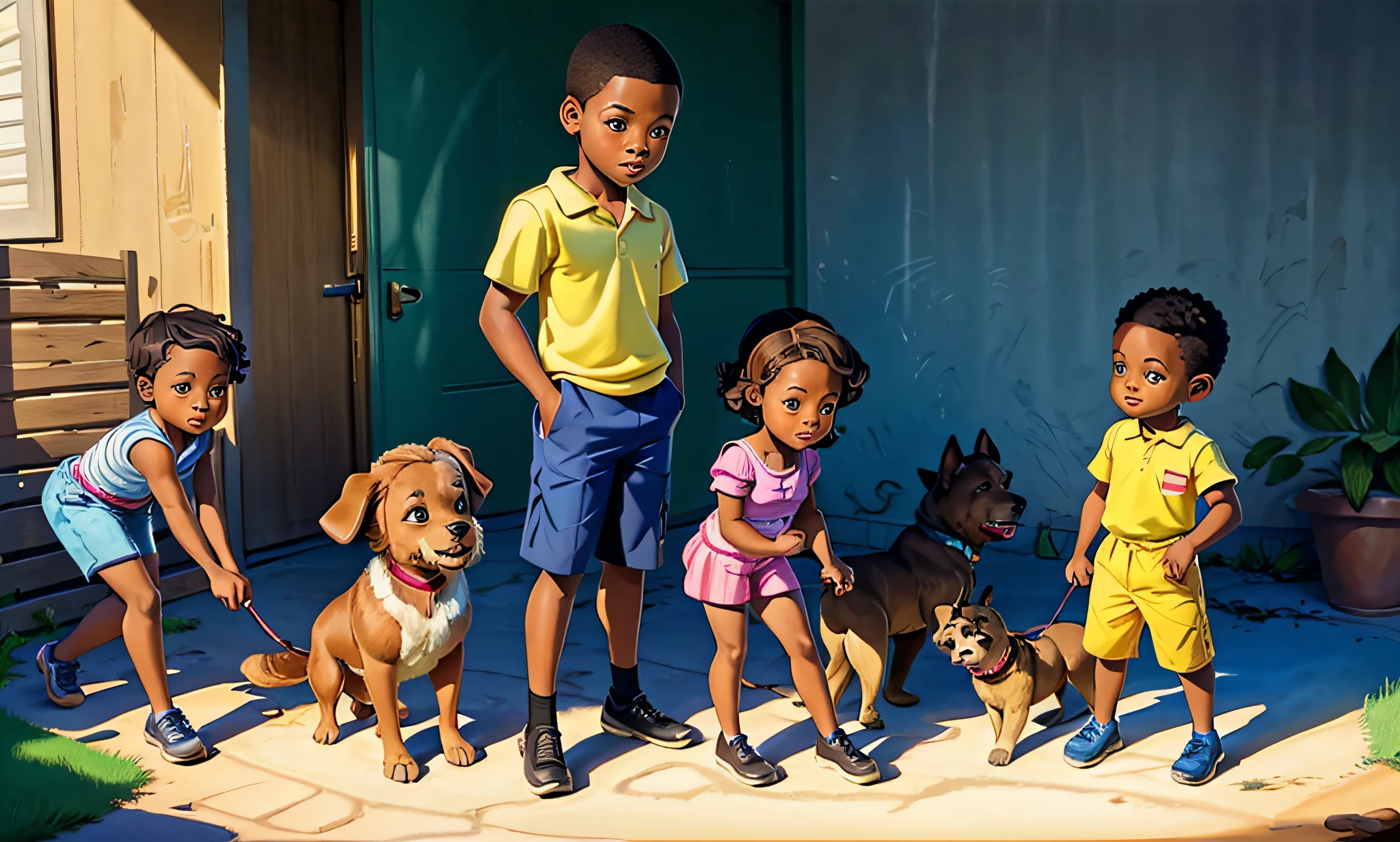 african-american, 2boys 2girls siblings child backyard with dogs posing bright sunny day (masterpiece:1.2) (illustration:1.2) (best quality:1.2) (cinematic lighting) (sharp focus)