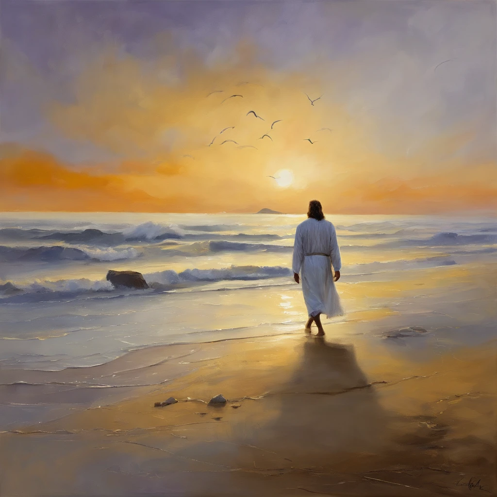 Jesus Christ standing on the beach, olhando para o horizonte do mar. He wears a white tunic with a golden band at the waist. His face has an expression of peace and wisdom. The wind swings her long light brown hair. At his side is one of his disciples, olhando admirado para Jesus. The disciple has dark hair and beard. They're both barefoot in the soft sand. The sky at dusk is in orange and purplish hues. The sea is calm with gentle waves. The water reflects the light of the sunset in golden tones. The scene conveys tranquility and connection with nature. It is photographed with soft focus, cores vibrantes e profundidade., Thick fog on the ground, Luz azul no horizonte, Motor Unreal 5, cinemactic, Low-angle photography, motion blur, profundidade de campo, dust, Cobblestones and dirt. Arte Splash, pingando tinta. Perfect color classification. influenciado por karel Appel e jeremy mann, Full of dramatic and threatening scenes, hiper-detalhado, Beautiful, detalhes insanos, detalhes intrincados, fotografia editorial, Fotografado com uma lente de 50mm, profundidade de campo, Tilt Blur, velocidade do obturador 1/1000, F/22. Mapas de luz, super brilhante