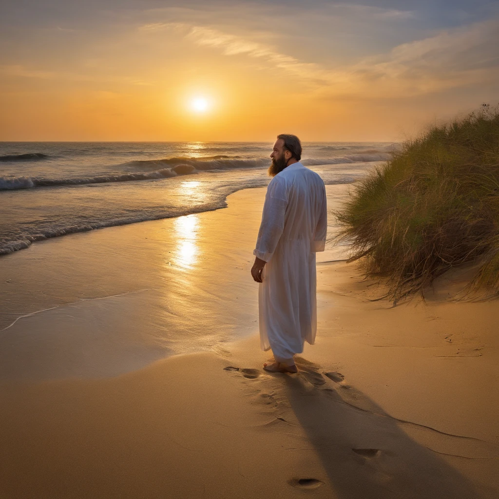 Jesus Christ standing on the beach, olhando para o horizonte do mar. He wears a white tunic with a golden band at the waist. His face has an expression of peace and wisdom. The wind swings her long light brown hair. At his side is one of his disciples, olhando admirado para Jesus. The disciple has dark hair and beard. They're both barefoot in the soft sand. The sky at dusk is in orange and purplish hues. The sea is calm with gentle waves. The water reflects the light of the sunset in golden tones. The scene conveys tranquility and connection with nature. It is photographed with soft focus, cores vibrantes e profundidade., Thick fog on the ground, Luz azul no horizonte, Motor Unreal 5, cinemactic, Low-angle photography, motion blur, profundidade de campo, dust, Cobblestones and dirt. Arte Splash, pingando tinta. Perfect color classification. influenciado por karel Appel e jeremy mann, Full of dramatic and threatening scenes, hiper-detalhado, Beautiful, detalhes insanos, detalhes intrincados, fotografia editorial, Fotografado com uma lente de 50mm, profundidade de campo, Tilt Blur, velocidade do obturador 1/1000, F/22. Mapas de luz, super brilhante