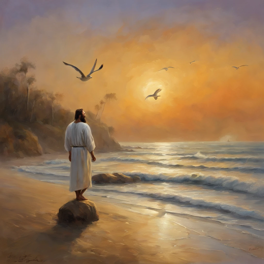 Jesus Christ standing on the beach, olhando para o horizonte do mar. He wears a white tunic with a golden band at the waist. His face has an expression of peace and wisdom. The wind swings her long light brown hair. At his side is one of his disciples, olhando admirado para Jesus. The disciple has dark hair and beard. They're both barefoot in the soft sand. The sky at dusk is in orange and purplish hues. The sea is calm with gentle waves. The water reflects the light of the sunset in golden tones. The scene conveys tranquility and connection with nature. It is photographed with soft focus, cores vibrantes e profundidade., Thick fog on the ground, Luz azul no horizonte, Motor Unreal 5, cinemactic, Low-angle photography, motion blur, profundidade de campo, dust, Cobblestones and dirt. Arte Splash, pingando tinta. Perfect color classification. influenciado por karel Appel e jeremy mann, Full of dramatic and threatening scenes, hiper-detalhado, Beautiful, detalhes insanos, detalhes intrincados, fotografia editorial, Fotografado com uma lente de 50mm, profundidade de campo, Tilt Blur, velocidade do obturador 1/1000, F/22. Mapas de luz, super brilhante