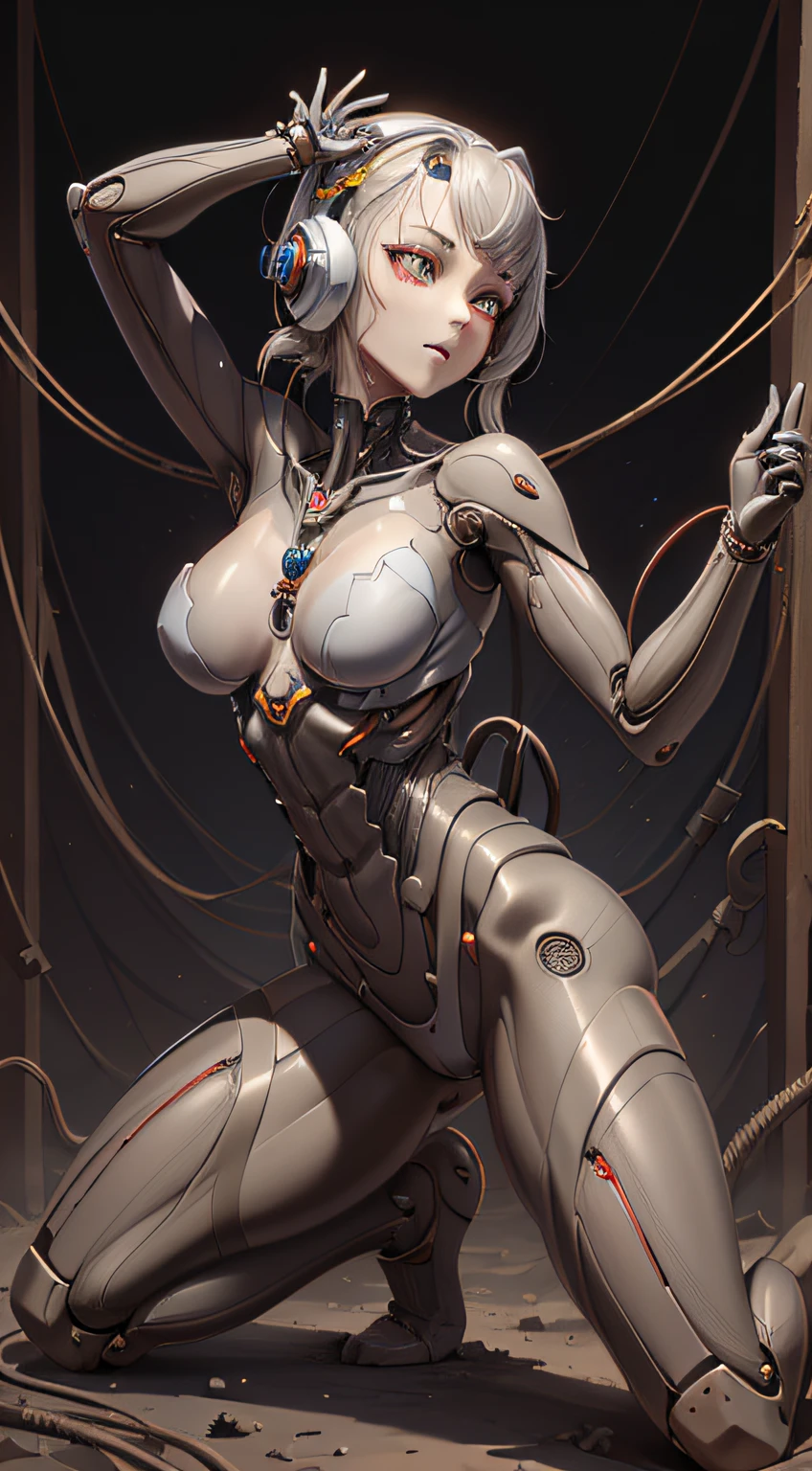 (((masterpiece))), ((best quality)), ((ultra-detailed)), (CG illustration), (an extremely devious and beautiful)), cinematic light, ((1 mechanical girl)), single, full, (machine-made joints: 1.4), ((mechanical limb)), ( blood vessels attached to the tube), ((mechanical spine attached to the back)), ((mechanical cervical vertebrae attached to the neck), ((combat stance)), expressionless, (wires and cables attached to the head and body: 1.5), (character focus), science fiction, apocalypse, glow