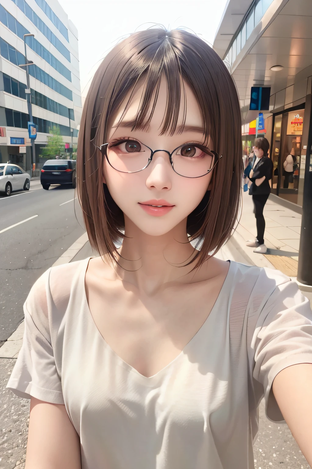 (8K、Raw photography、top-quality、​masterpiece:1.2)、(realisitic、Photorealsitic:1.37)、ultra-detailliert、超A high resolution、女の子1人、see the beholder、beautifull detailed face、A smile、Constriction、(Slim waist) :1.3)、Shirts、Beautiful detailed skin、Skin Texture、Floating hair、Professional Lighting、In the street、Rimmed glasses、Whole human body、Black hair