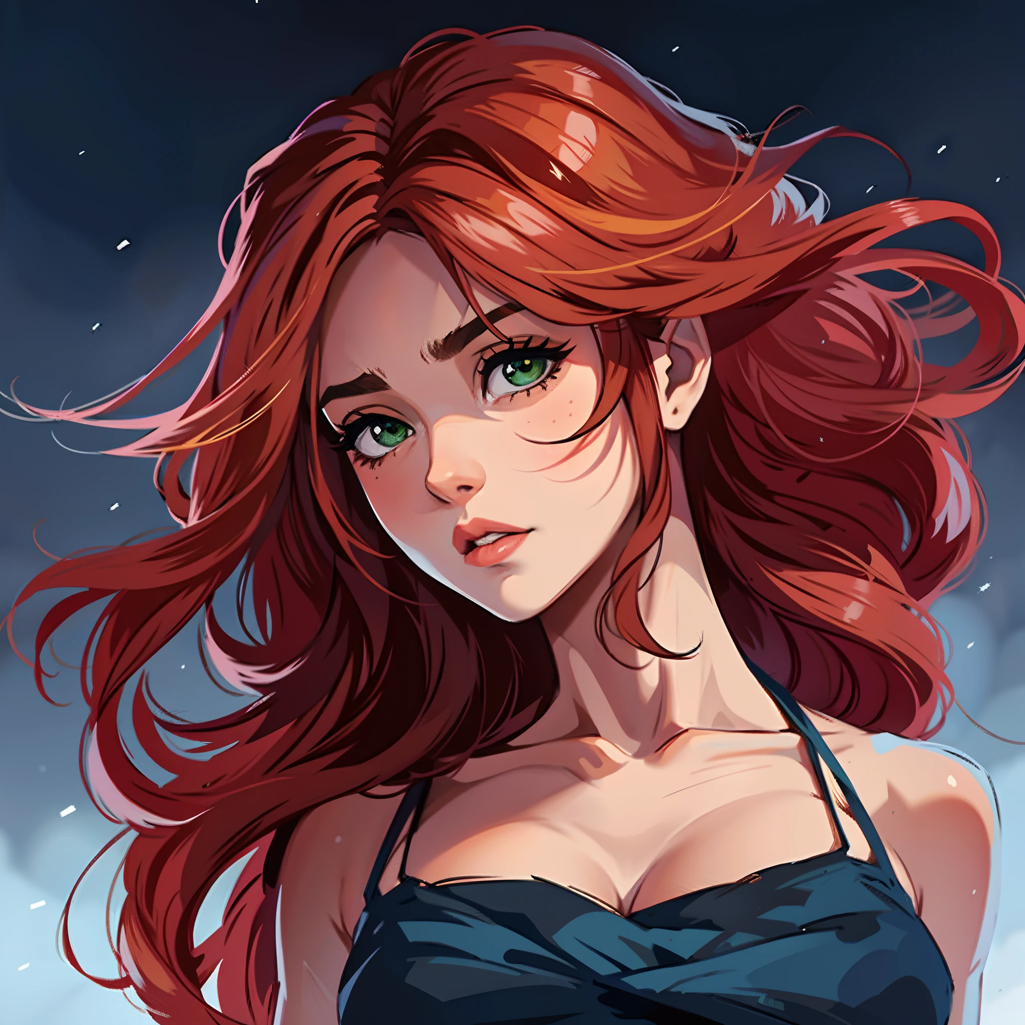 Uma bela mulher de olhos verdes e cabelos castanhos longo ondulado (brown hair) (Detailed strokes) Princess Eyes Sexy curvy eyelashes A white background of snowflakes through the air Expressive with a sad look