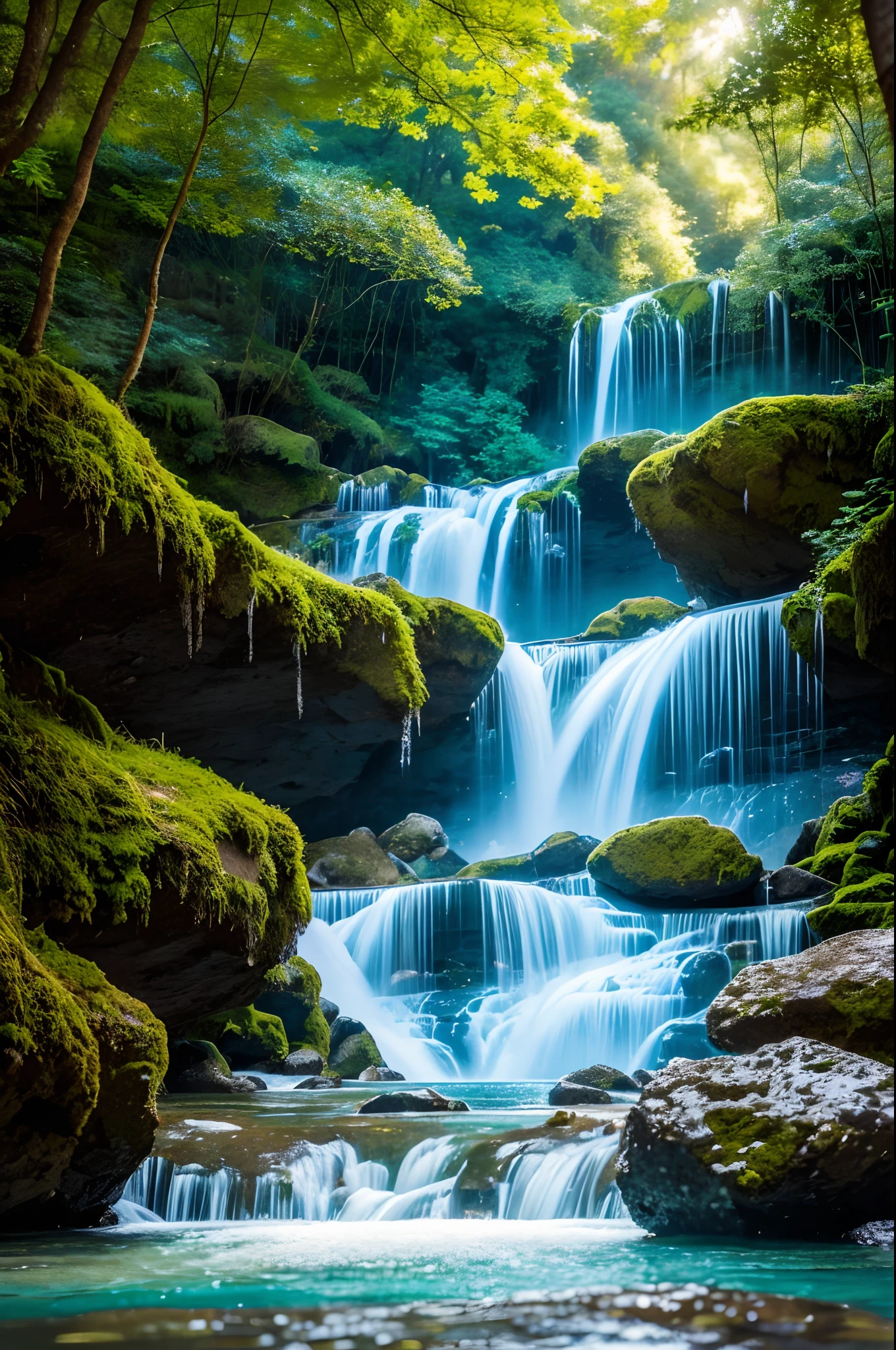 (best quality,4k,8k,highres,masterpiece:1.2),ultra-detailed,(realistic,photorealistic,photo-realistic:1.37),Waterfall,picturesque landscape,natural wonders,serene atmosphere,majestic beauty,
sparkling water,misting spray,crystal-clear pool,
lush greenery,wilderness,pristine environment,nature's masterpiece,
water cascading,powerful and graceful,
sunlight filtering through trees,illuminating the scene,
rainbow arching over waterfall,giving it a magical touch,
rocks and moss covered with water,
peaceful melody of water flowing,
magnificent view from the top,
clear blue sky reflecting in the pool,
captivating and mesmerizing,
waterfall surrounded by mountains,
tranquil and soothing,
capturing the awe of nature,
stunning and breathtaking,
landscape painting come to life,
dream-like scenery.