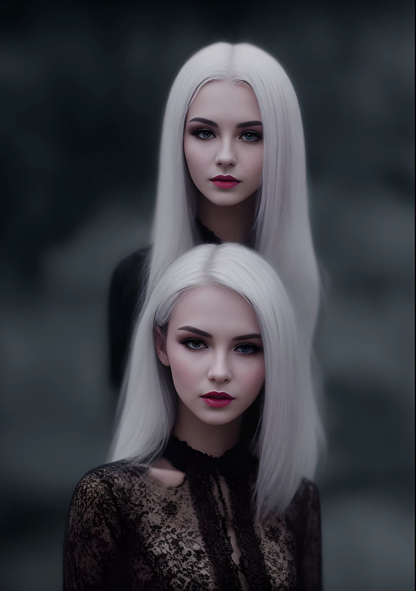 Red woman with white hair and pale complexion