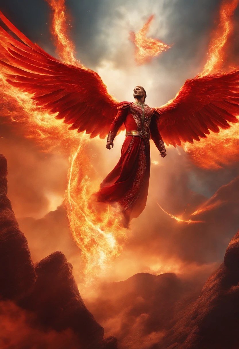 Four characters, flying from the sky to the ground, with red flames, divine light