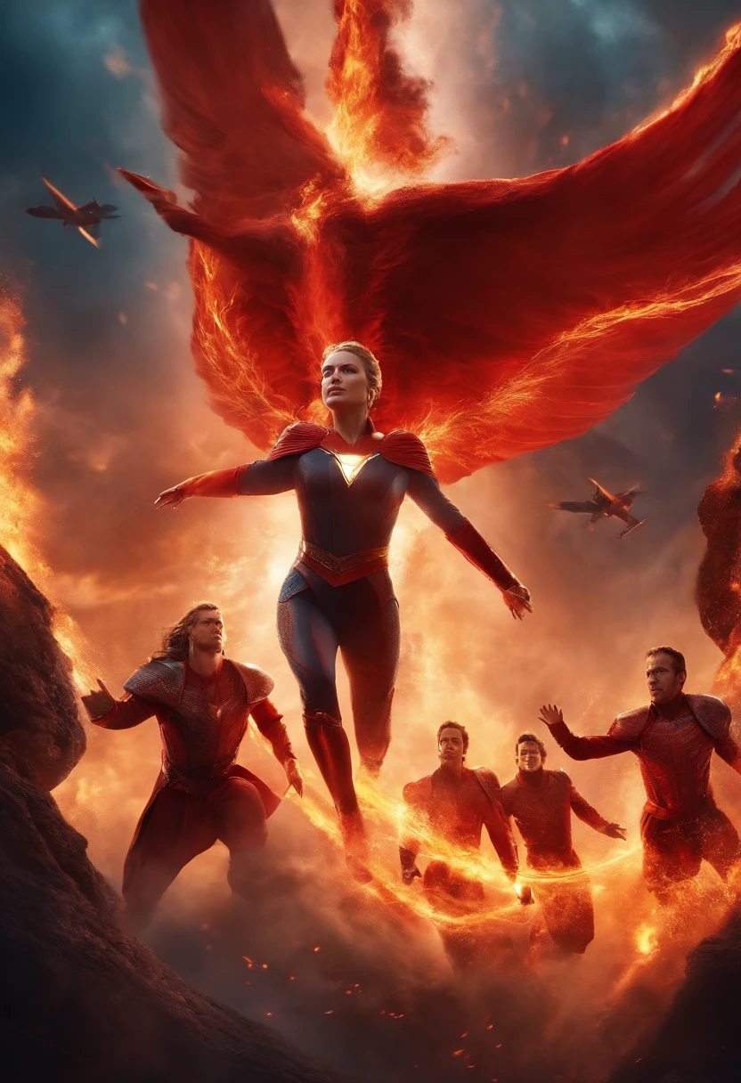 Four characters, flying from the sky to the ground, with red flames, divine light