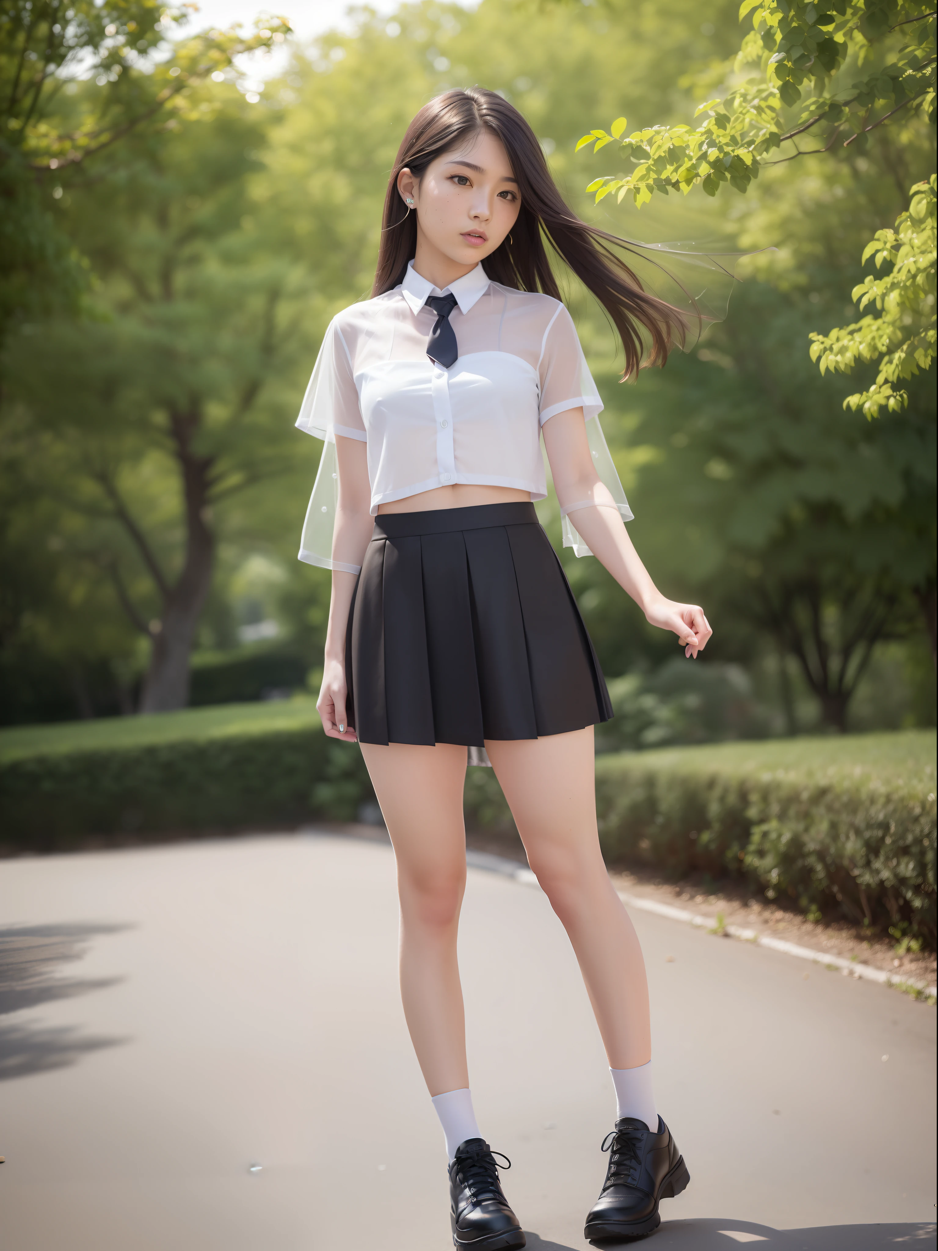 18 Year Old Woman, Long hair, Raw photo, Bokeh (Realism: 1.4, Realistic), high-definition CG unified 8K wallpapers, 1girl in, ((Slim body: 1)), (Small breasts: 1), Back to viewers, ((Direct view from the front)), (HQ Skin: 1.4), 8K UHD, Digital SLR, Soft light, High quality, Film grain, FujifilmXT3, ((School uniform, Short skirt,See-through open skirt:1.5)), ((plein air, on the park))) jangjoo, Portrait,((Layered short haircuts, Black Hire,tiny chest:1.2)),(Looking at Viewer:1.4),(Full body:1.8),Detailed face,undergarment,crouching down