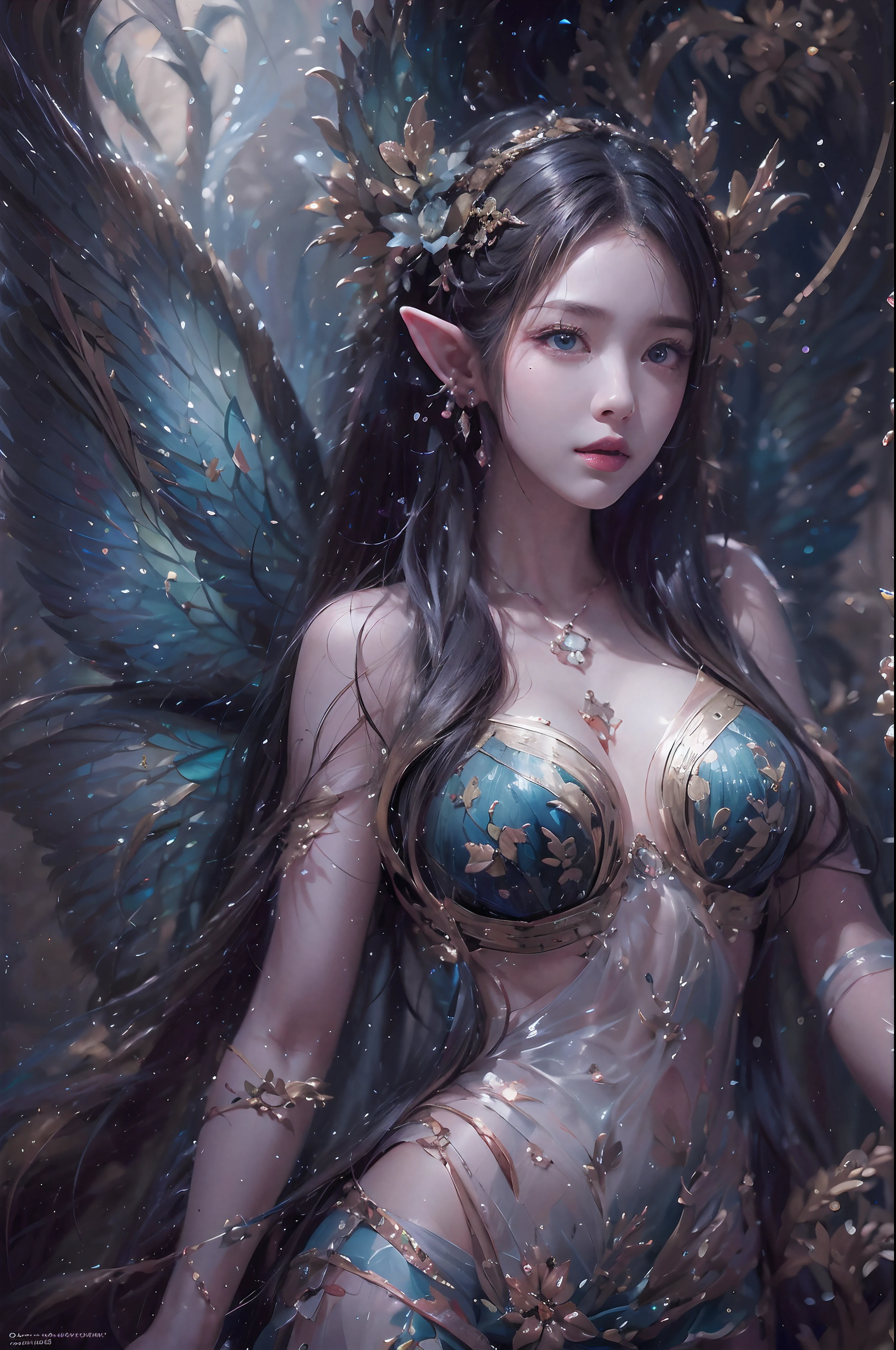 ( Absurd, High quality, Ultra-detailed, Masterpiece, concept-art, smooth, high detail artwork, Hyper-realistic painting ) , elf, Plum elf, plum , Transparent fairy wings, huge tit，low chest，fairytale-like, Romantic, Vivid, Whole body,hand behind back，Malu，In nature with waterfalls，pureerosface_v1，ulzzang-6500-v1.1，