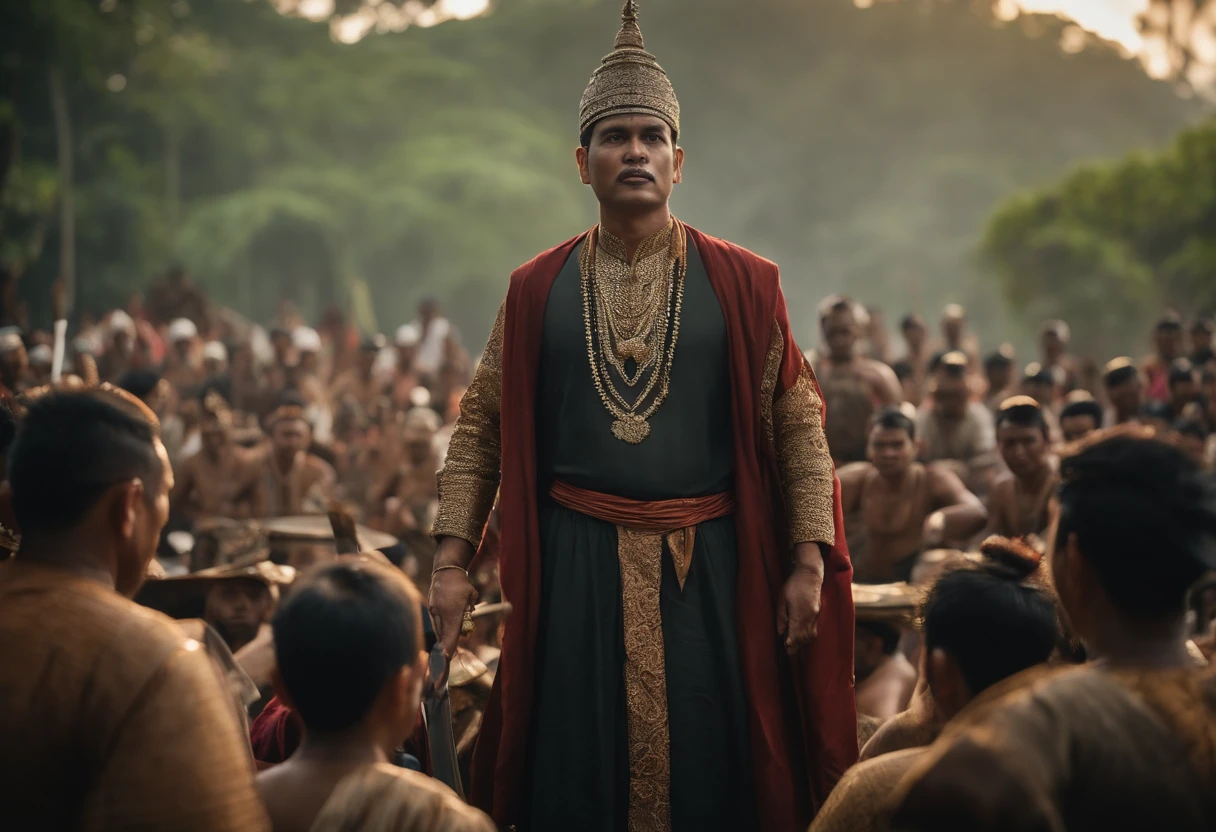 cinematic film still {Realistic photograph of Gajahmada Mahapatih, wearing sorban, delivering the Sumpah Palapa oath in front of a large crowd of people. set in Java in the 14th century. Gajahmada should be depicted as a tall and imposing figure, with a stern expression on his face. He should be wearing traditional Javanese clothing, and he should be holding a sword in his hand. The crowd of people should be listening attentively to Gajahmada's words. The background of the painting should be a lush green jungle.} . shallow depth of field, vignette, highly detailed, high budget, bokeh, cinemascope, moody, epic, gorgeous, film grain, grainy