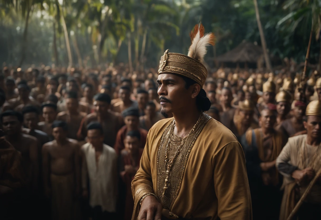 cinematic film still {Realistic photograph of Gajahmada Mahapatih, wearing sorban, delivering the Sumpah Palapa oath in front of a large crowd of people. set in Java in the 14th century. Gajahmada should be depicted as a tall and imposing figure, with a stern expression on his face. He should be wearing traditional Javanese clothing, and he should be holding a sword in his hand. The crowd of people should be listening attentively to Gajahmada's words. The background of the painting should be a lush green jungle.} . shallow depth of field, vignette, highly detailed, high budget, bokeh, cinemascope, moody, epic, gorgeous, film grain, grainy