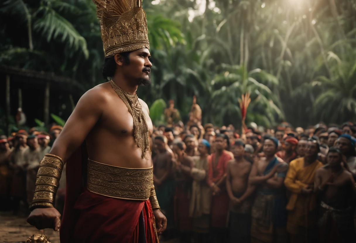 cinematic film still {Realistic photograph of Gajahmada Mahapatih, wearing sorban, delivering the Sumpah Palapa oath in front of a large crowd of people. set in Java in the 14th century. Gajahmada should be depicted as a tall and imposing figure, with a stern expression on his face. He should be wearing traditional Javanese clothing, and he should be holding a sword in his hand. The crowd of people should be listening attentively to Gajahmada's words. The background of the painting should be a lush green jungle.} . shallow depth of field, vignette, highly detailed, high budget, bokeh, cinemascope, moody, epic, gorgeous, film grain, grainy