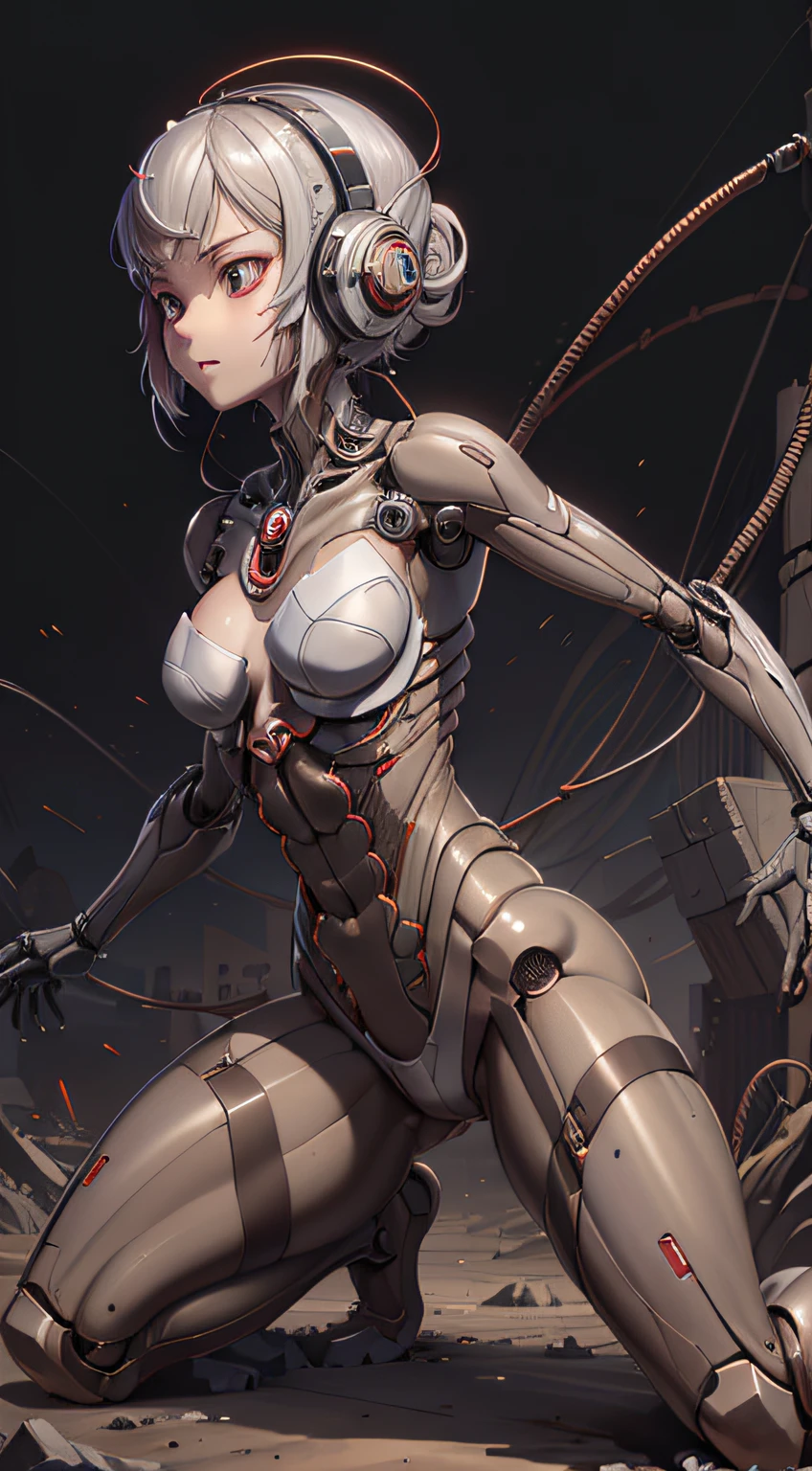 (((masterpiece))), ((best quality)), ((ultra-detailed)), (CG illustration), (an extremely devious and beautiful)), cinematic light, ((1 mechanical girl)), single, full, (machine-made joints: 1.4), ((mechanical limb)), ( blood vessels attached to the tube), ((mechanical spine attached to the back)), ((mechanical cervical vertebrae attached to the neck), ((combat stance)), expressionless, (wires and cables attached to the head and body: 1.5), (character focus), science fiction, apocalypse, glow
