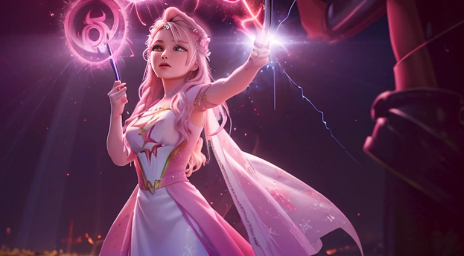 A woman in a light pink dress standing in a cherry forest, Artgerm, paisagem realista, Artgerm detalhado, olhos perfeitos, rosto perfeito, Ultra Detalhado, tiro de corpo inteiro, (Skindentation: 1.5), realista, realista, (obra-prima: 1.5), arte conceitual, detalhes intrincados, altamente detalhado, realista, octane rendering, 8K, motor irreal, dinamic pose, melhor qualidade, alta resolução, (rosto realista: 1.1), (hiper-realismo: 1.1) , ((full_body)), olhos perfeitos, (pele brilhante: 1.2), ((penteado))), ((perfect hands))), (fundo muito detalhado), ((dynamic background), ((lightning), (lightning), ((1girl)), Vestindo um manto, (((Manto de fluxo))), ((Olhos detalhados, Olhos de alta qualidade, Rosto de alta qualidade)), vestido rosa claro extremamente complexos, magical robes), casting lightning, eletricidade, spinning flame, radiation, spark, smoke, magia, (dramatic), epic, campo de batalha, profundidade de campo, bokeh, 4k, gotica, cinzas, particules.