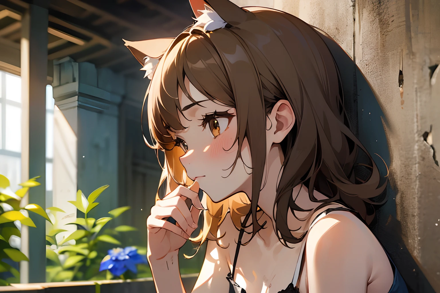 ((Masterpiece)), (Professional Photography:1.2), (High Definition:1.3), best quality, 8K, from side, (face in profile), Textured skin, cinematic lighting, ((exposed stomach)), 1girl, (Cute teenage beautiful Girl, beautiful brown eyes)、details of Very messy medium hair、((dirty and very torn white-camisole)), innocent smile、Slender and small breasts, sweaty、Beautiful small breasts、Cat ears, Pale brown hair, ((Gazing at the blue-flower small garden)), slum townscape