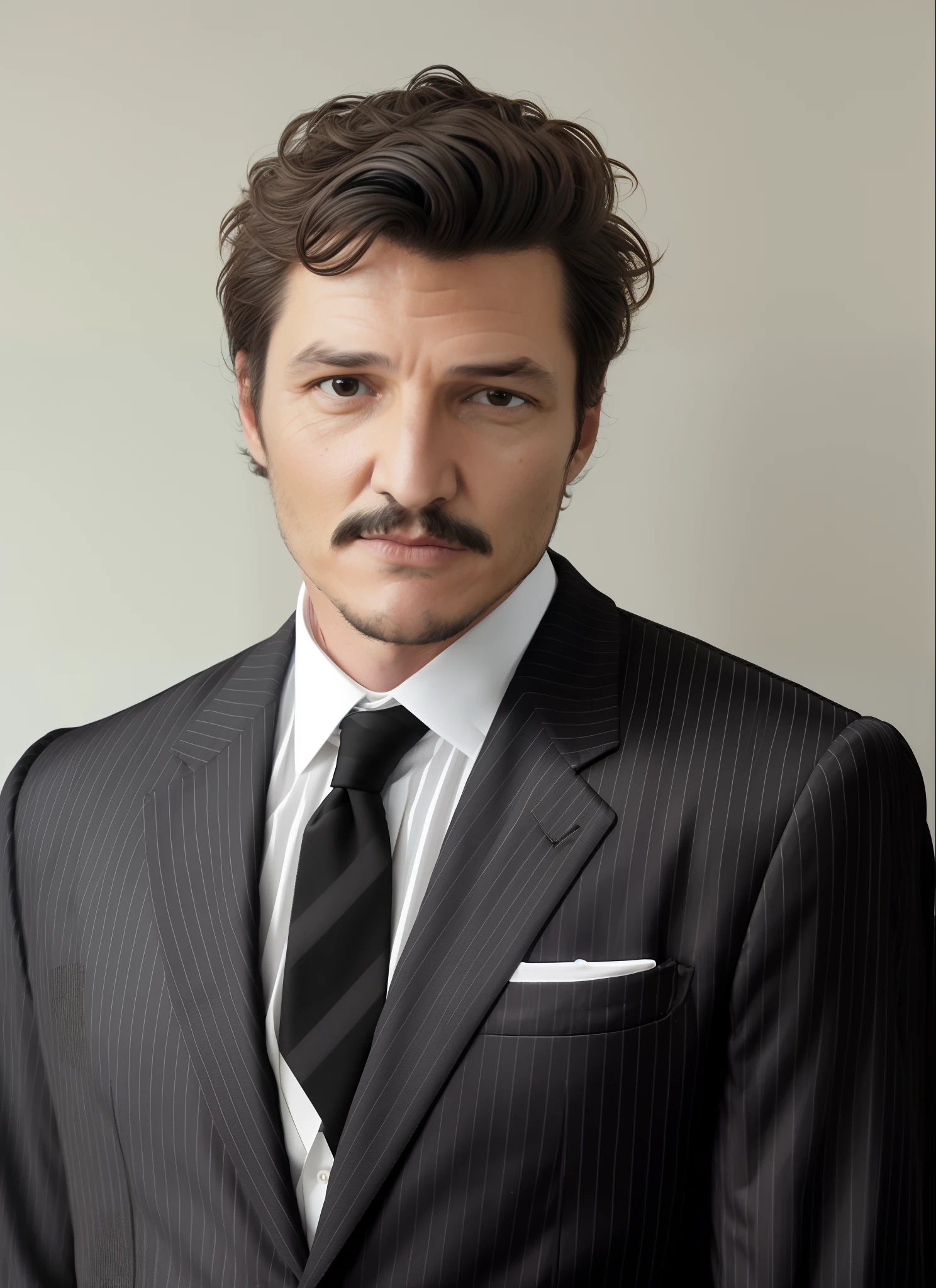 analog photo of man (pedro pascal:1.1),photorealistic,masterpiece, black suit, elegant, seriuos face, perfect Detail (black striped zoot suit:1.2) (three quarter profile view:0.7),