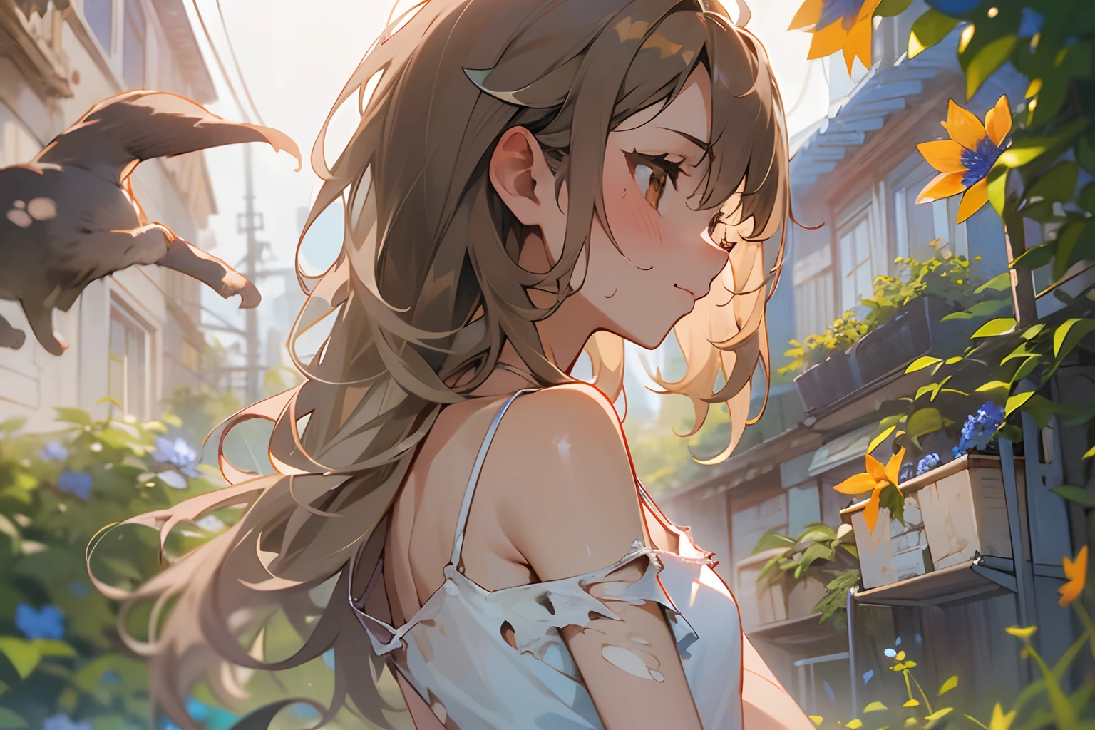 ((Masterpiece)), (Professional Photography:1.2), (High Definition:1.3), best quality, 8K, from side, (face in profile), Textured skin, cinematic lighting, ((exposed stomach)), 1girl, (Cute teenage beautiful Girl, beautiful brown eyes)、details of Very messy medium hair、((dirty and very torn white-camisole)), innocent smile、Slender and small breasts, sweaty、Beautiful small breasts、Cat ears, Pale brown hair, ((Gazing at the blue-flower small garden)), slum townscape