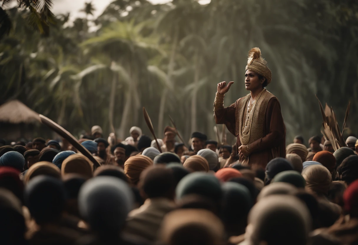 cinematic film still {Realistic photograph of Gajahmada Mahapatih, wearing turban, delivering the Sumpah Palapa oath in front of a large crowd of people. set in Java in the 14th century. Gajahmada should be depicted as a tall and imposing figure, with a stern expression on his face. He should be wearing traditional Javanese clothing, and he should be holding a sword in his hand. The crowd of people should be listening attentively to Gajahmada's words. The background of the painting should be a lush green jungle.} . shallow depth of field, vignette, highly detailed, high budget, bokeh, cinemascope, moody, epic, gorgeous, film grain, grainy