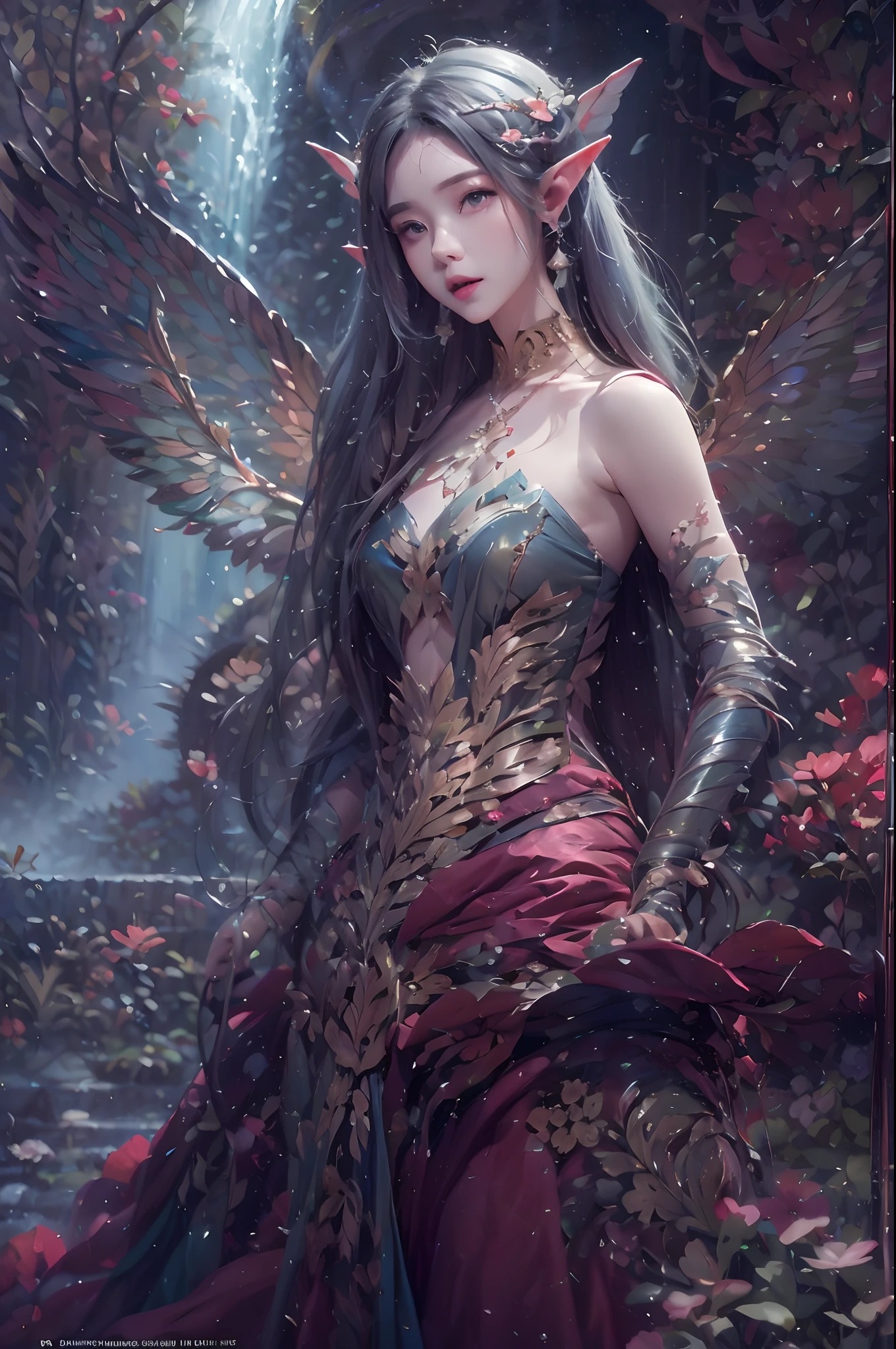 ( Absurd, High quality, Ultra-detailed, Masterpiece, concept-art, smooth, high detail artwork, Hyper-realistic painting ) , elf, Plum elf, plum , Transparent fairy wings, huge tit，low chest，fairytale-like, Romantic, Vivid, Whole body,hand behind back，Malu，In nature with waterfalls，pureerosface_v1，ulzzang-6500-v1.1，