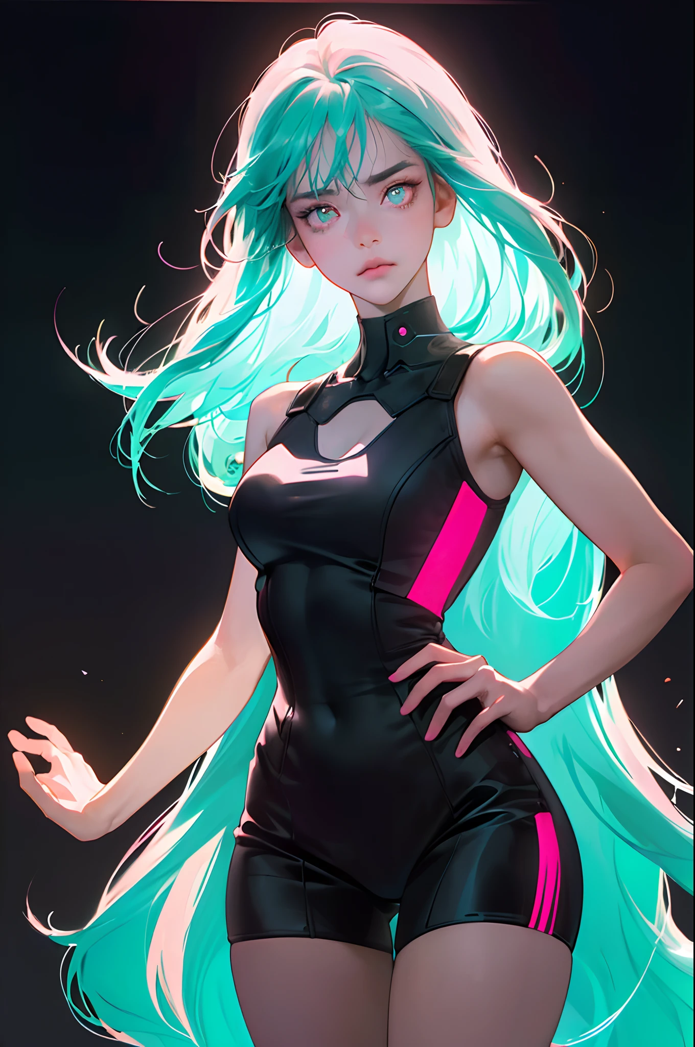 (Masterpiece, Best quality, Dynamic pose:1.3), absurderes, Cowboy shot,best qualtiy,tmasterpiece,(Detailed eyes:1.2),complexdetails,depth of fields,1girll,(城市:1.3),cyber punk perssonage,neonlight,the night,themoon, Delicate girl, ar old, (pink and cyan theme, Neon lights:1.1), (Dark theme, Dark background:1.3), Perspective, Depth of field, Thighs, Thin arms, Thin waist, facelight, clear lighting, filmgrain, color difference, hdr, A high resolution, Photography, Realistic, highest details, extreme detailed details, Ultra detailed, finedetail, Detailed face, Realistic pupils