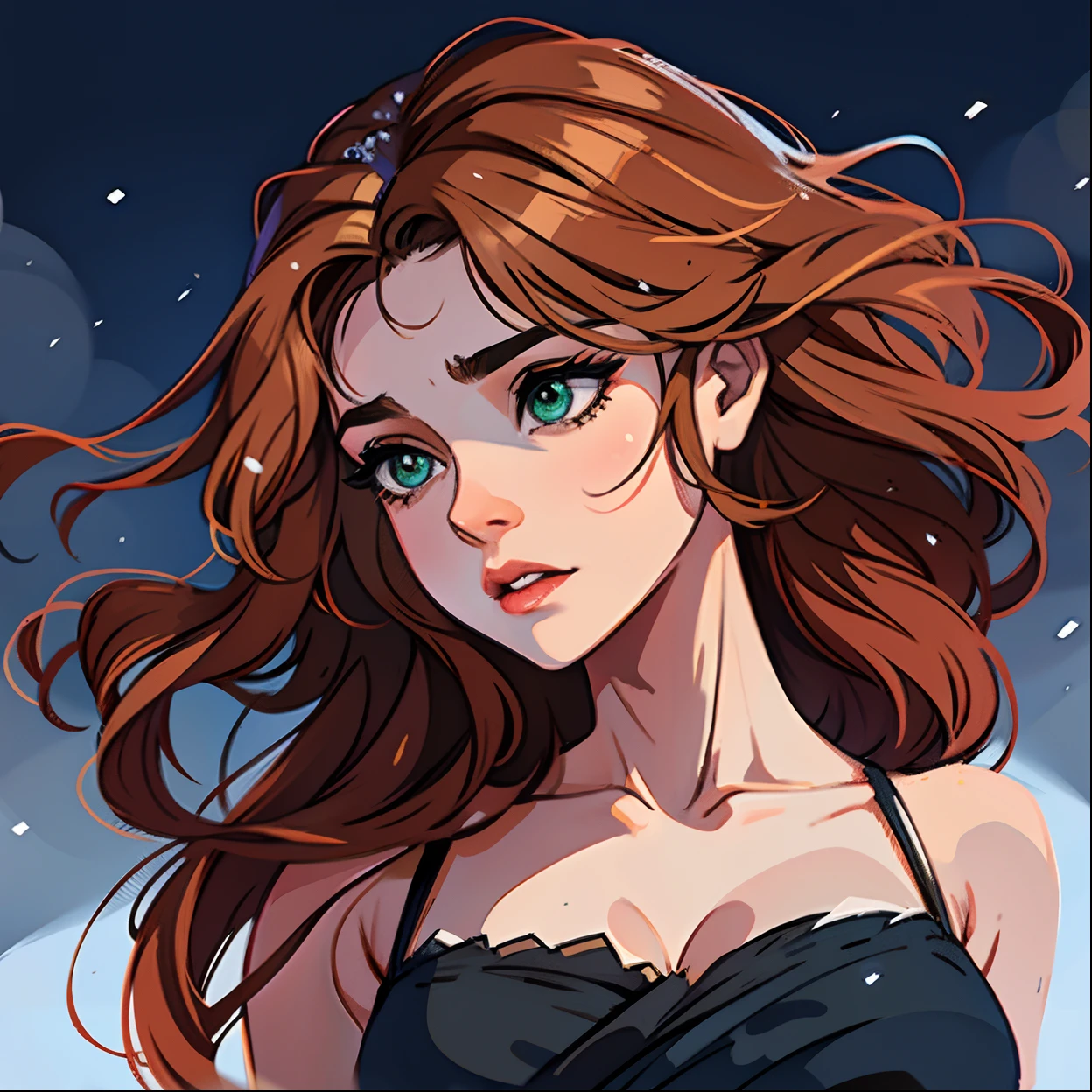Uma bela mulher de olhos verdes e cabelos castanhos longo ondulado (brown hair) (Detailed strokes) Princess Eyes Sexy curvy eyelashes A white background of snowflakes through the air Expressive with a sad look