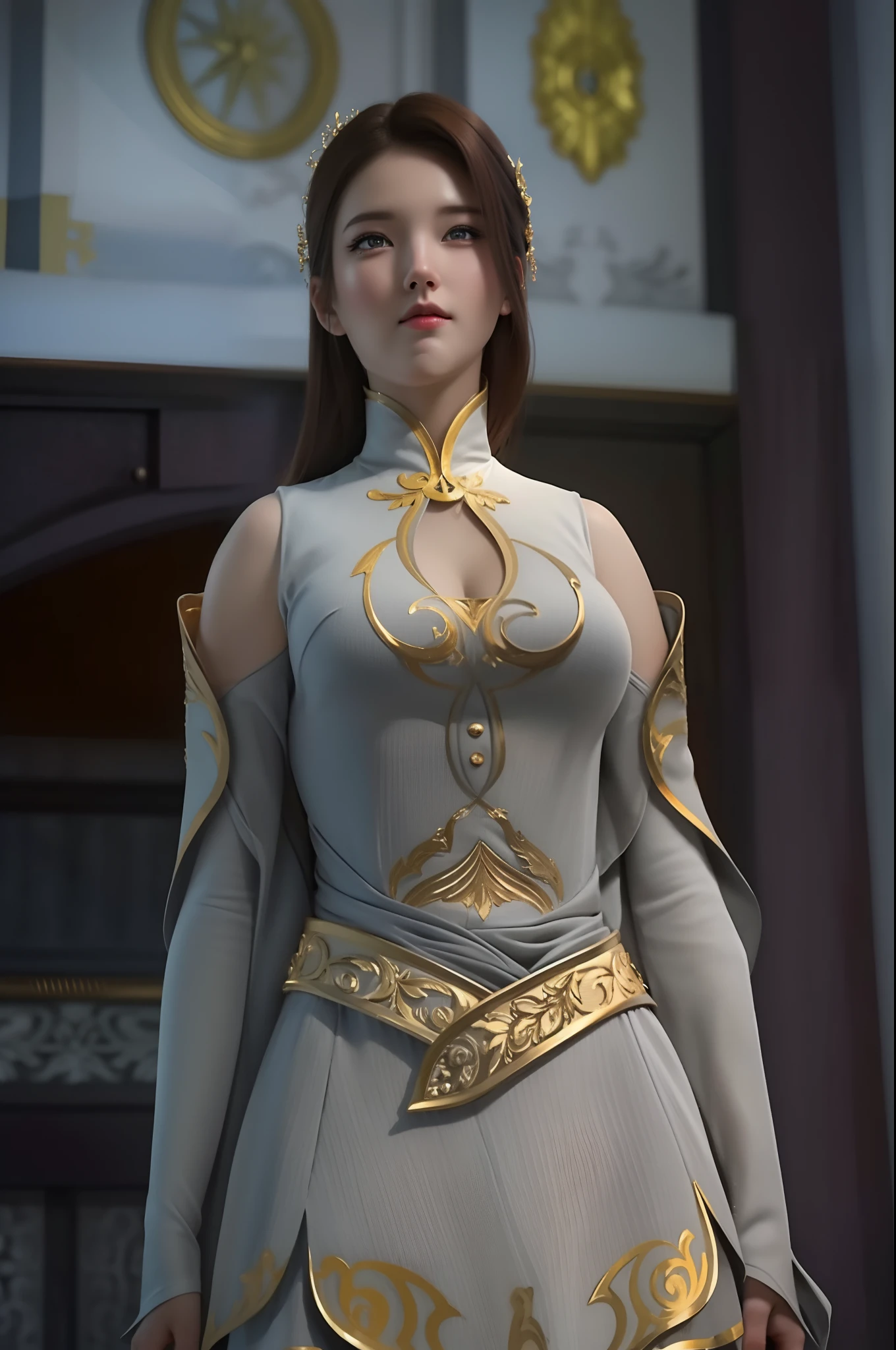 (hyperrealistic), (illustration), (high resolution), (8K), (extremely detailed), (best illustration), (beautiful detailed eyes), (best quality), (ultra-detailed), (masterpiece), (wallpaper), (photorealistic), (natural light), (rim lighting), (detailed face), (high detailed realistic skin texture), (anatomically correct), (solo), (1 girl), (high detailed realistic hair), (caramel hair:1.35), (heterochromic eyes), (detailed eyes), (grey eyes:1.37), (sparkling eyes), (realistic big breasts:1.5), (exposed  breasts:1.35), (long legs), (slender abs), (dynamic pose), (closed tiny mouth:1.3), nsfw, concentrated expression.