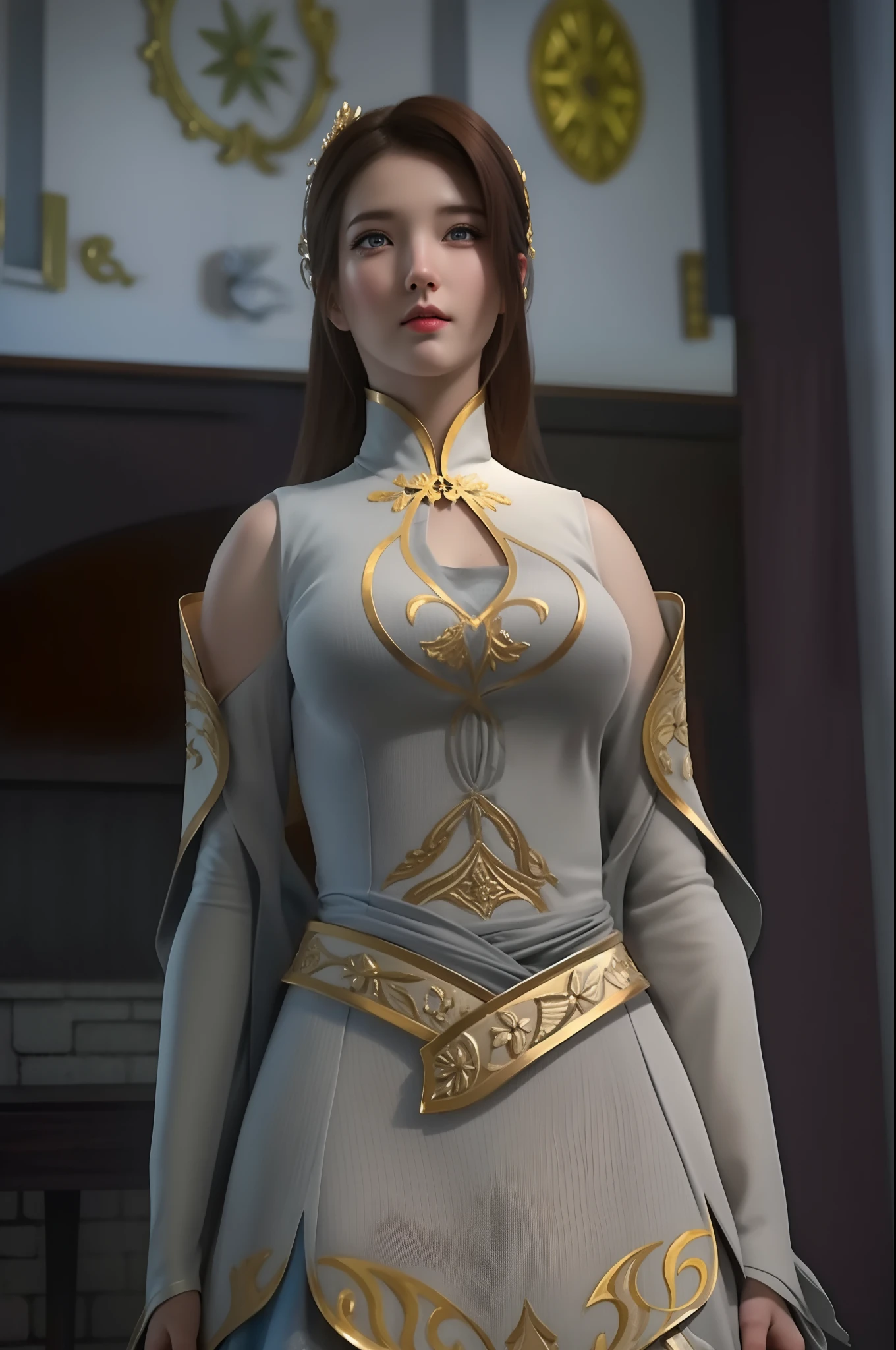 (hyperrealistic), (illustration), (high resolution), (8K), (extremely detailed), (best illustration), (beautiful detailed eyes), (best quality), (ultra-detailed), (masterpiece), (wallpaper), (photorealistic), (natural light), (rim lighting), (detailed face), (high detailed realistic skin texture), (anatomically correct), (solo), (1 girl), (high detailed realistic hair), (caramel hair:1.35), (heterochromic eyes), (detailed eyes), (grey eyes:1.37), (sparkling eyes), (realistic big breasts:1.5), (exposed breasts:1.35), (long legs), (slender abs), (dynamic pose), (closed tiny mouth:1.3), nsfw, concentrated expression.