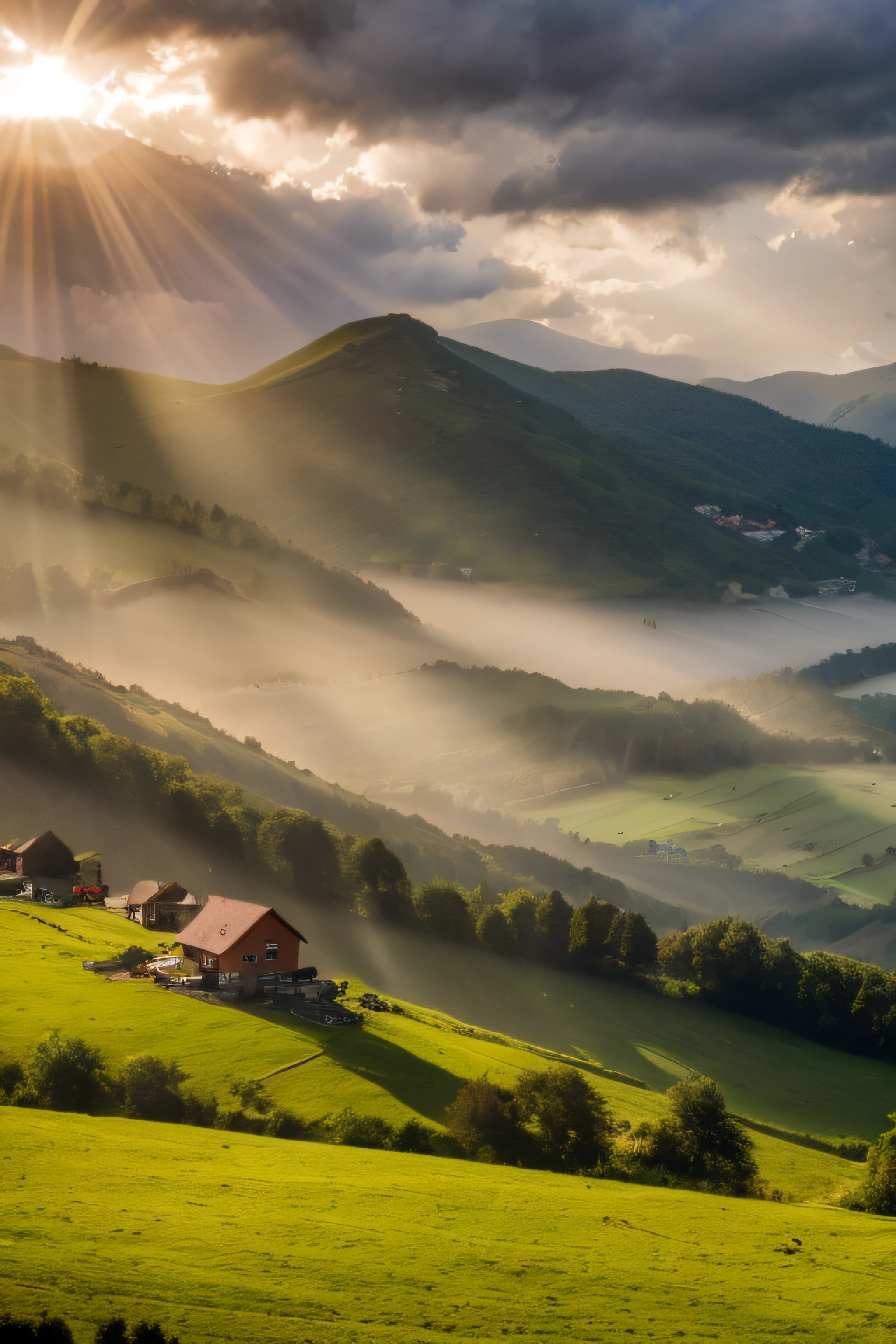 photography of a hill landscape with high mountains on the background, heavily cloudy sky with sunrays beckoning among clouds; with some small farms