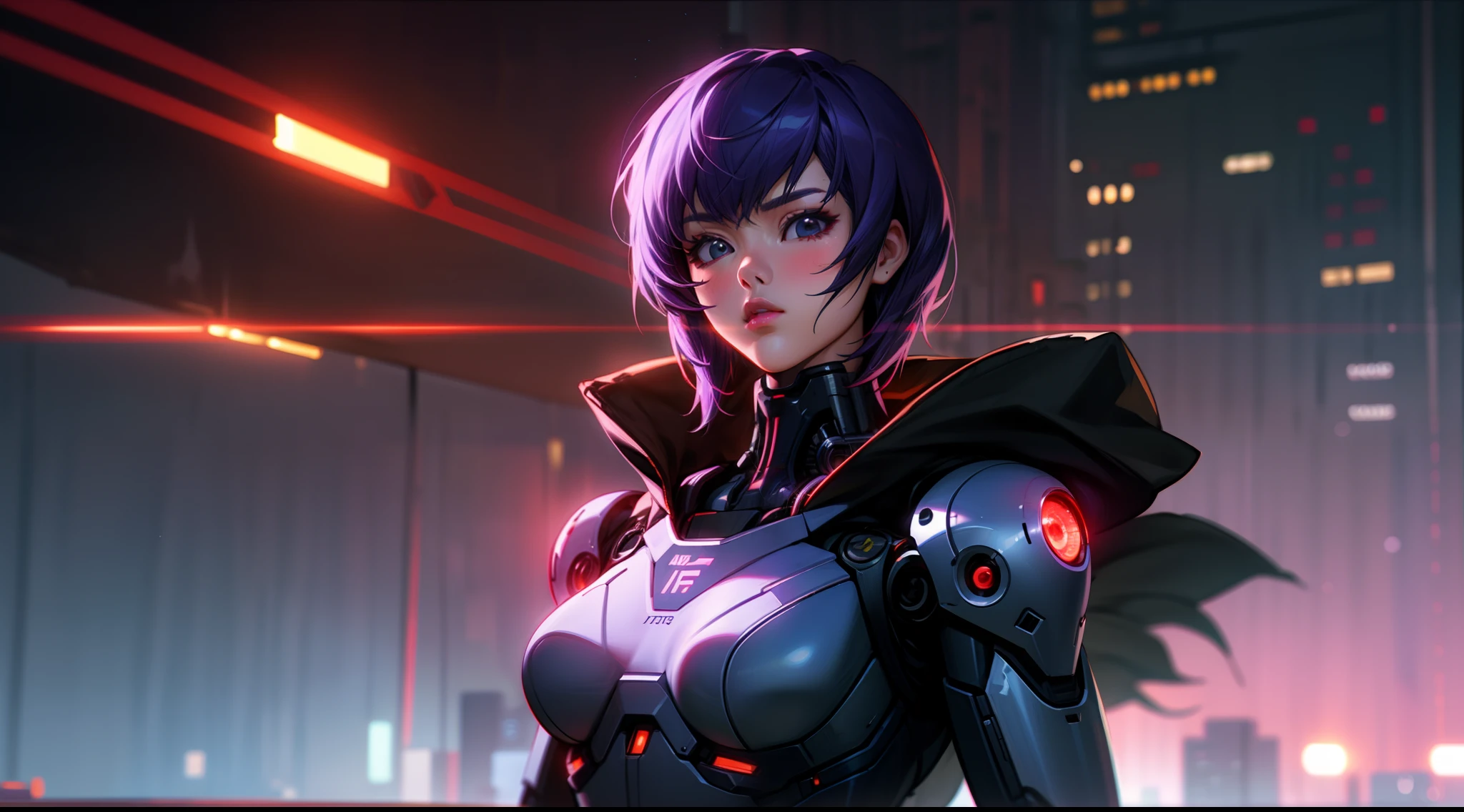1 girl, upper body, single focus, elite cyborg, Motoko Kusanagi-inspired attire, cybersecurity expert, (cyberpunk city backdrop: 1.4), (elite cyborg: 1.3), cybernetic features, determined aura, [depth of field, ambient lighting, cyber-past foreground, futuristic cityscape], The Major, cybersecurity expert, elite cyborg, (cyberbrain), (cybernetic infiltration: 1.2), intricate details, enhanced lighting.