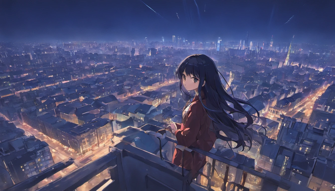 natta,rays of moonlight,Long black hair,view over city,parted,sad