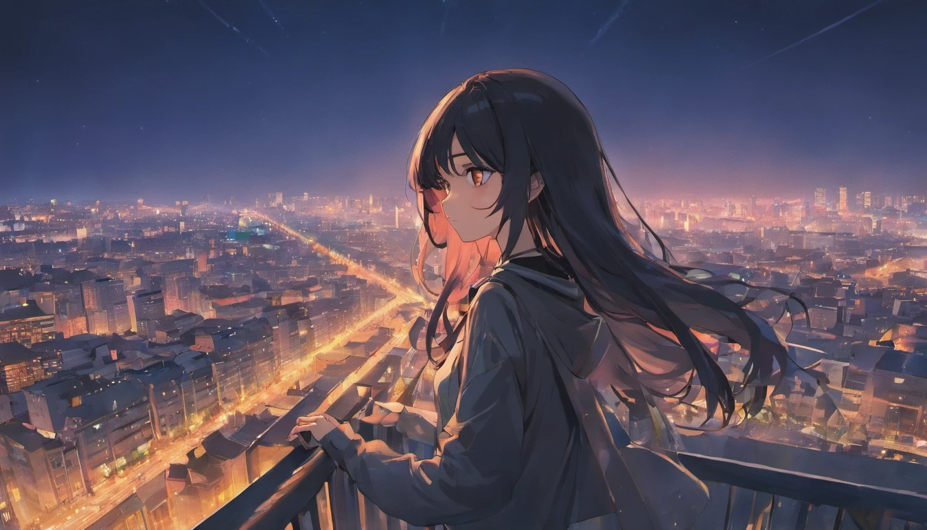 natta，rays of moonlight，Long black hair，view over city，parted，sad