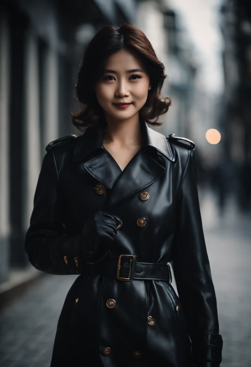Over the blazer uniform、Black Leather Trench Coat　　Black leather gloves　The upper part of the body　Japan smiling girl black leather
