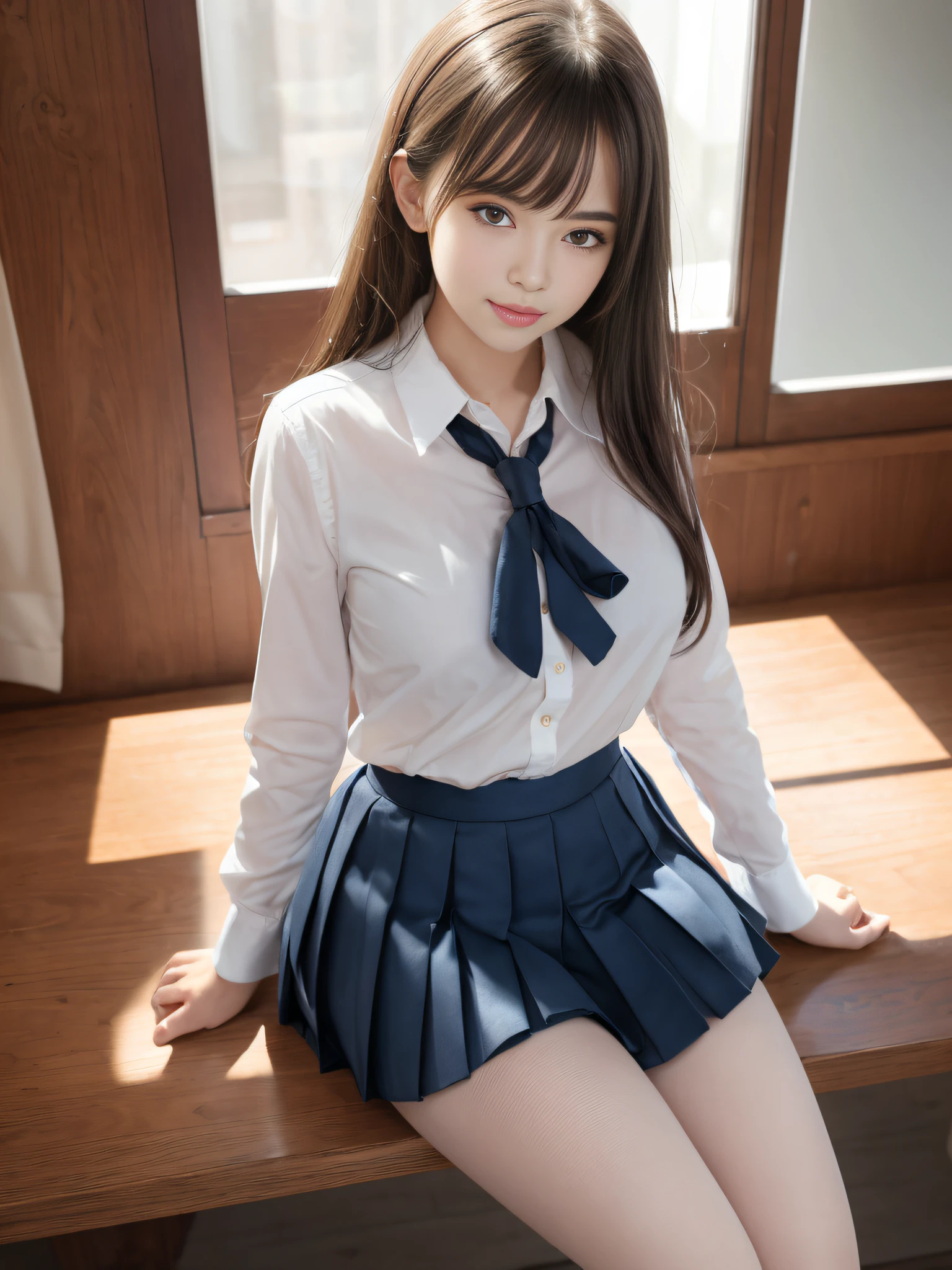 Ultra realistic 8K CG, Picture-perfect face, flawless, clean, masutepiece, Professional artwork, famousartwork, Perfect face, Beautiful face, Beautiful eyes, ((Perfect female body)), (Slender body),  girl, Solo, (Immersive atmosphere, Chiaroscuro:1.5, Bright light:1.2, Luminous lighting), (blush:0.5), fascinated expression, Extremely detailed_Eyes, Small breasts, beautifullydetailedbackground, depth of fields, Realistic:1.3, longshot, 1girl in, Shirt, Pleated skirt, Japan school uniform, Sitting, Full body, (ambient lights:1.3), (Cinematic composition:1.3), (Neon light:0.1), (nffsw:0.1), Accent Lighting, White pantyhose,Neat and clean lady，