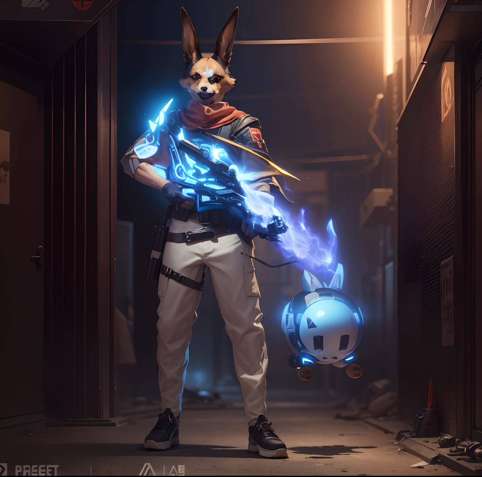 A in-game character holding futuristic gun standing near a pet cute dog,Fully futuristic background,tall buildings with bring ght lights ,and a sign board named luffy ,8k , realistic
