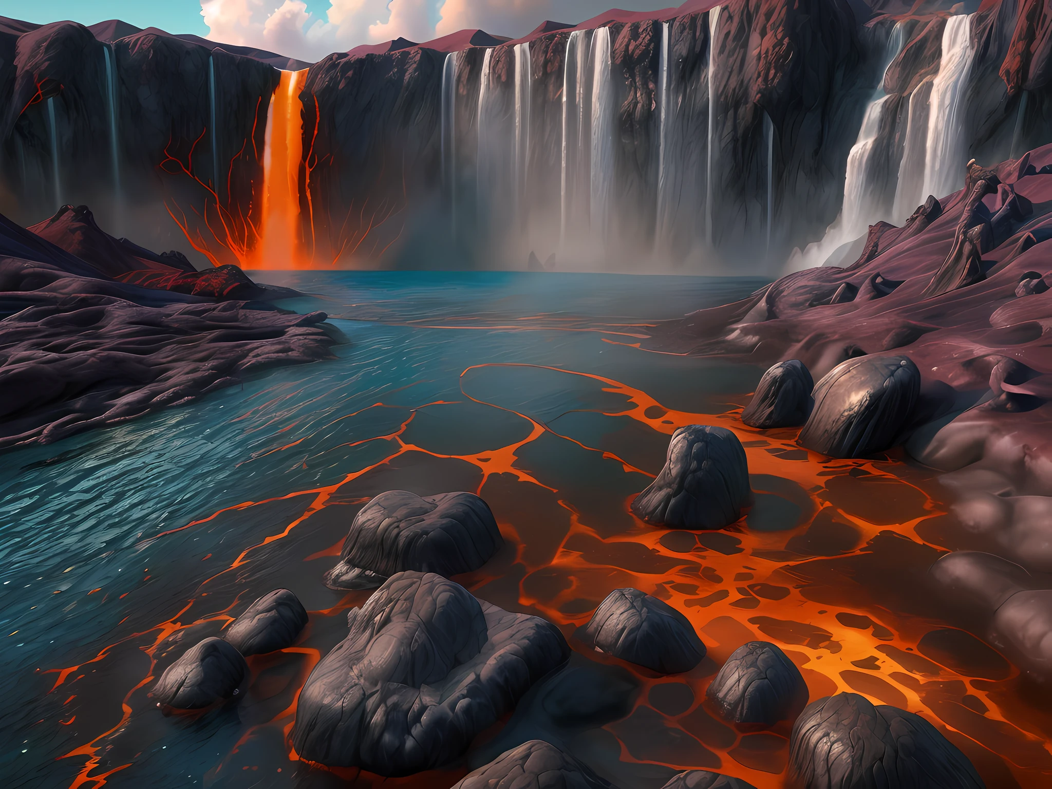 National Geographic style picture, Award winning,(best detailed: 1.5), an picture of an epic sized waterfall in the volcano at midday , an (epic sized waterfall: 1.3), water coming down from a volcanic cliff,  (multi level water falls: 1.3) , (several pools: 1.2)  created in different levels, forming new waterfalls, water cascading into a (large lava pool: 1.3) steam rising, clear water in many vibrant hues, full spectrum of blue and azure falling, hitting a pool of lava in vibrant, full spectrum of colors of orange and red, boiling lava, you can see the water hitting the pool and steam rising, drops of water splashing around, volcanic cliff background.  photorealistic, 16k, RAW, award winning, (best detailed: 1.5), masterpiece, best quality, (best detailed: 1.3), full body, ultra wide shot,