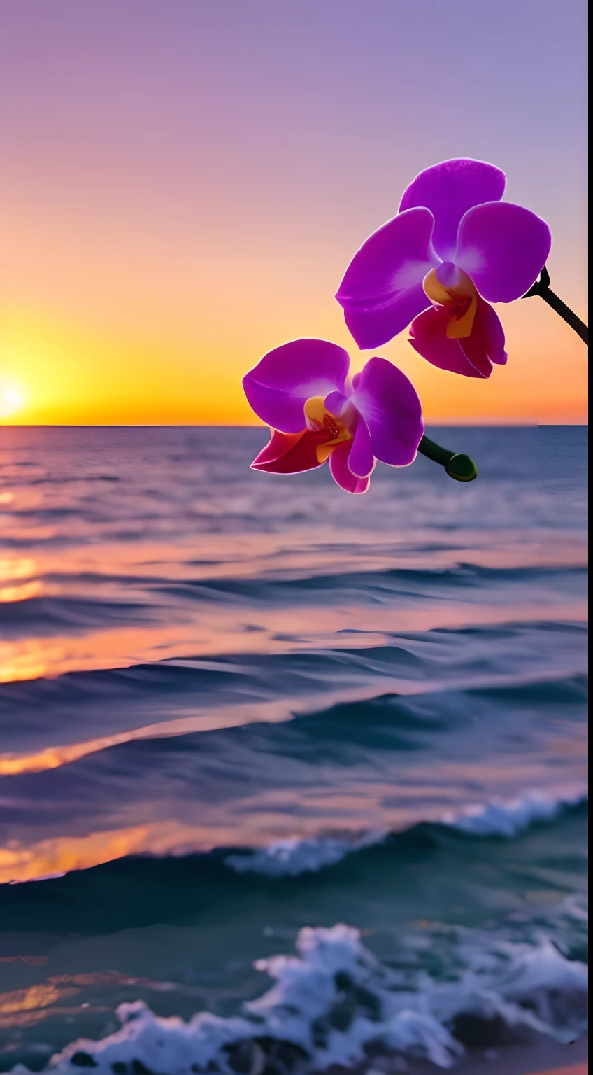 a closeup of a, orchid flower, Background - a magnificent sunset by the sea, True texture, Warm